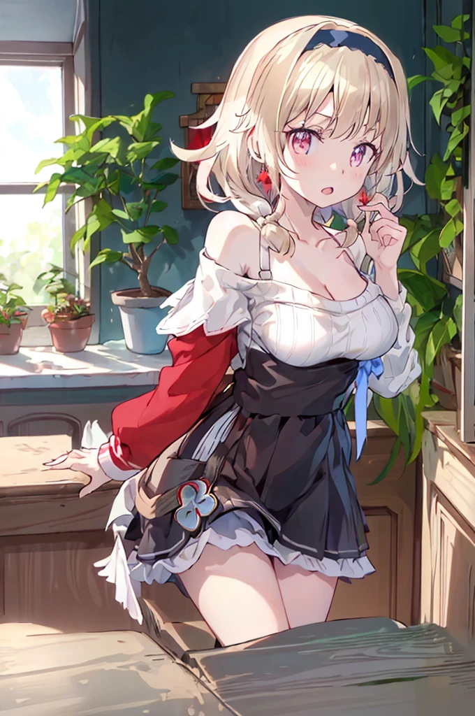 masterpiece, yor, 1girl, Bust A Cup, Amazing Cleavage:1.3, thin waist, big ass, Raised sexy, big breast: 1.2 posed cleavage:1.2、solo, looking at viewer, open mouth, have a cute grass of cute beergrass,black hair, red eyes, dress, bare shoulders, jewelry, collarbone, sidelocks, hairband, earrings, indoors, off shoulder, :o, sweater, arms behind back, plant, short hair with long locks, white hairband, off-shoulder dress, sweater dress, off-shoulder sweater, red sweater, big side hair, very long side hair,is rendered in (masterpiece: 1.2, best quality), with (ultra high resolution) and an exquisite (depth of field). This masterpiece is not only visually stunning but also tells,A scene of cooking in the kitchen