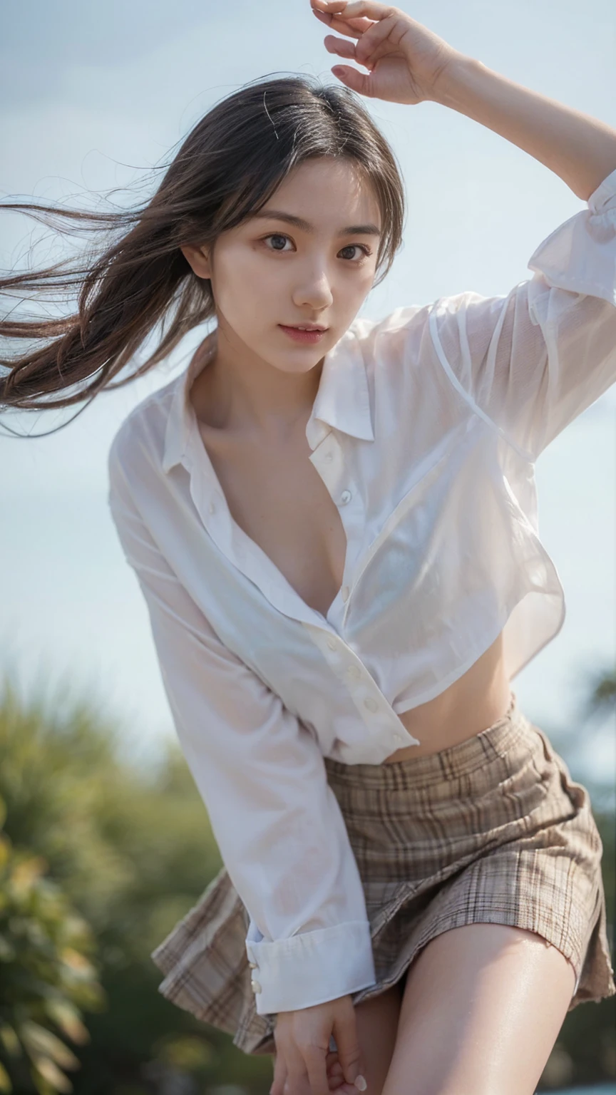 (((Low angle shooting、Looking into the camera:1.22,Leaning forward、Open shirt、No underwear)))、(((8K、Highest quality、masterpiece、Ultra-high resolution)))、(Realistic:1.4)、RAW Photos、(Real skin texture:1.3)、(Film Grain:1.3)、((Are standing、Skirt flutters in strong winds、Under the skirt、Do not bend your legs、Don'don't bend your knees、Spread your thighs、Beachside、))、One Girl、Beautiful and detailed eyes and face、masterpiece、Highest quality、close、thin、Japanese Uniform、dynamic、barefoot、Various poses、