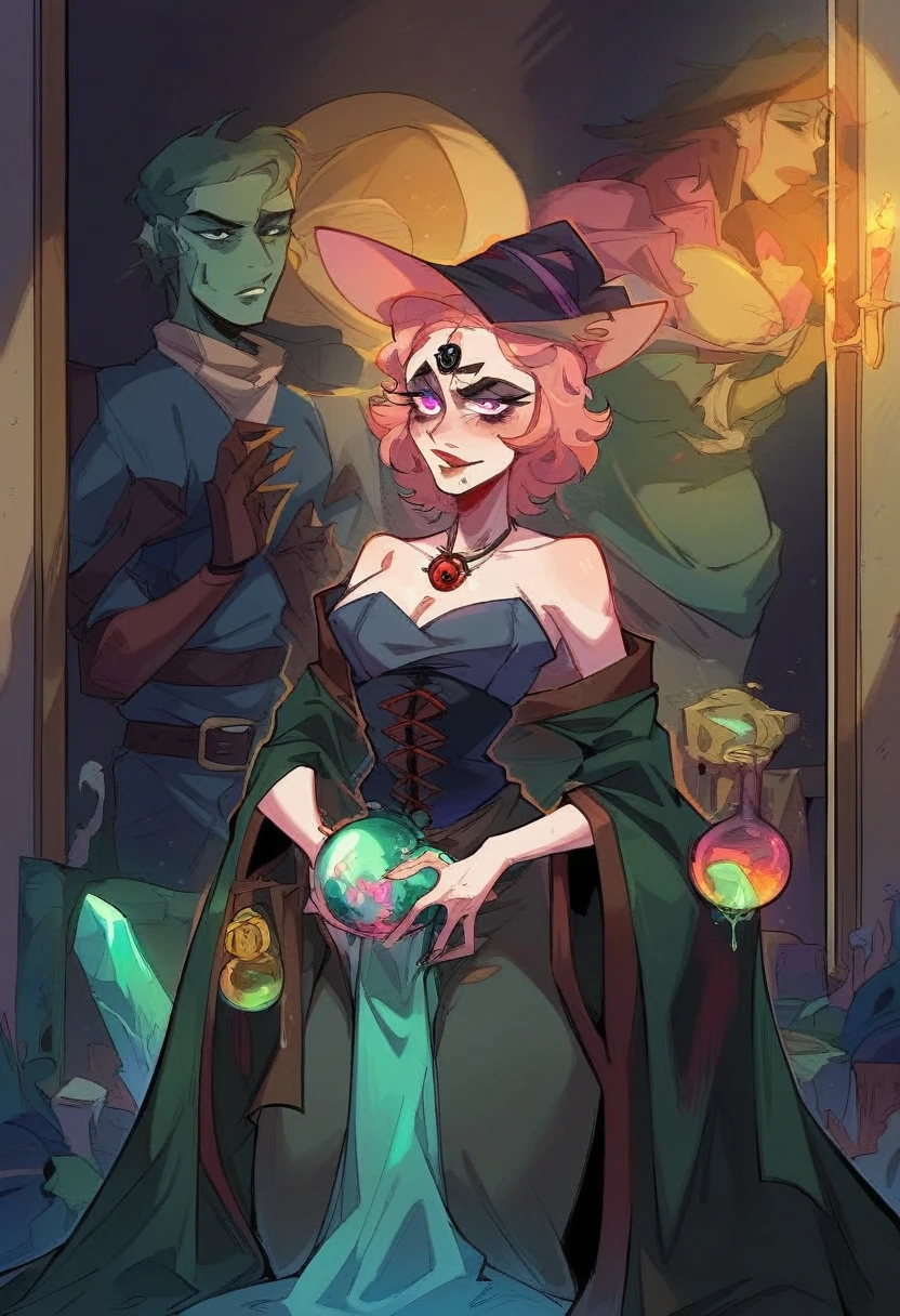 depicts a modern-day witch who has embraced the world of cybernetics to enhance her magical abilities. The artwork should convey the enchanting blend of traditional witchcraft and futuristic technology. Here are some specific elements to include: The Witch's Lair: The setting should be a cozy yet slightly eerie room, filled with magical books, crystal balls, potion ingredients, and antique furnishings. The room should be dimly lit by candles and a soft, mystical glow emanating from her cybernetic enhancements. The Cyborg Witch: The central focus of the artwork is the witch herself. She's a striking figure with a mix of traditional witch attire and cybernetic enhancements. Her clothing should have a witchy, occult aesthetic, with flowing robes, a pointed hat, and an intricate pentagram necklace. Her arms, however, have been upgraded with cybernetic components that incorporate magical symbols and glowing runes. Magical Interface: The witch is in the midst of casting a spell, with a holographic, touch-screen interface floating before her. This interface includes spell incantations, arcane symbols, and digital components, demonstrating her fusion of magic and technology. Spell Ingredients: On a nearby table, there should be a collection of spell ingredients, like herbs, potions, and magical artifacts. Some of these items may have been modified with cybernetic enhancements, blurring the line between the natural and the technological. Familiar: The witch's familiar, perhaps a cat or raven, should be present in the scene, serving as her magical companion. The familiar could also have subtle cybernetic enhancements or glowing eyes. Glowing Runes: The room should be adorned with ancient symbols and glowing runes on the walls and floor, contributing to the magical atmosphere. Aetherial Lighting: Use a combination of mystical, ethereal lighting and cybernetic glows to create a captivating interplay of light and shadow. The contrast between the tradit