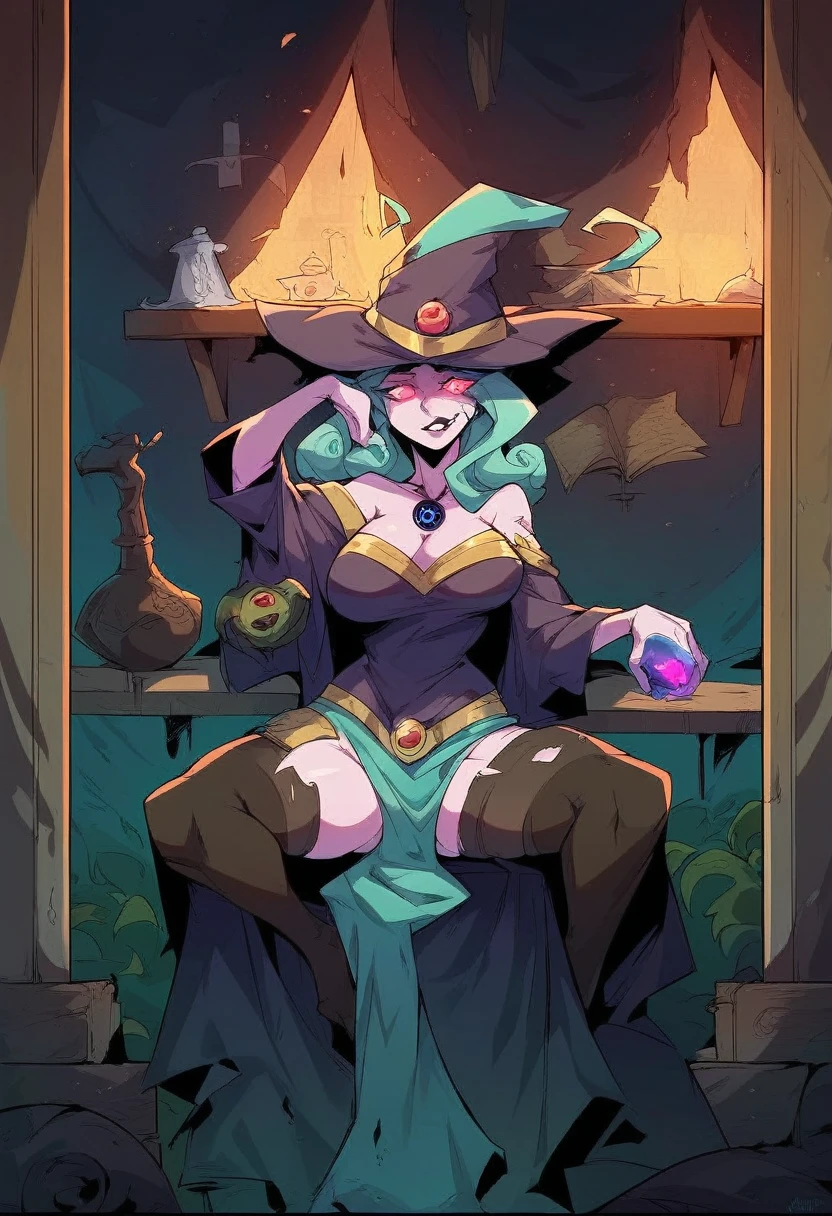 depicts a modern-day witch who has embraced the world of cybernetics to enhance her magical abilities. The artwork should convey the enchanting blend of traditional witchcraft and futuristic technology. Here are some specific elements to include: The Witch's Lair: The setting should be a cozy yet slightly eerie room, filled with magical books, crystal balls, potion ingredients, and antique furnishings. The room should be dimly lit by candles and a soft, mystical glow emanating from her cybernetic enhancements. The Cyborg Witch: The central focus of the artwork is the witch herself. She's a striking figure with a mix of traditional witch attire and cybernetic enhancements. Her clothing should have a witchy, occult aesthetic, with flowing robes, a pointed hat, and an intricate pentagram necklace. Her arms, however, have been upgraded with cybernetic components that incorporate magical symbols and glowing runes. Magical Interface: The witch is in the midst of casting a spell, with a holographic, touch-screen interface floating before her. This interface includes spell incantations, arcane symbols, and digital components, demonstrating her fusion of magic and technology. Spell Ingredients: On a nearby table, there should be a collection of spell ingredients, like herbs, potions, and magical artifacts. Some of these items may have been modified with cybernetic enhancements, blurring the line between the natural and the technological. Familiar: The witch's familiar, perhaps a cat or raven, should be present in the scene, serving as her magical companion. The familiar could also have subtle cybernetic enhancements or glowing eyes. Glowing Runes: The room should be adorned with ancient symbols and glowing runes on the walls and floor, contributing to the magical atmosphere. Aetherial Lighting: Use a combination of mystical, ethereal lighting and cybernetic glows to create a captivating interplay of light and shadow. The contrast between the tradit