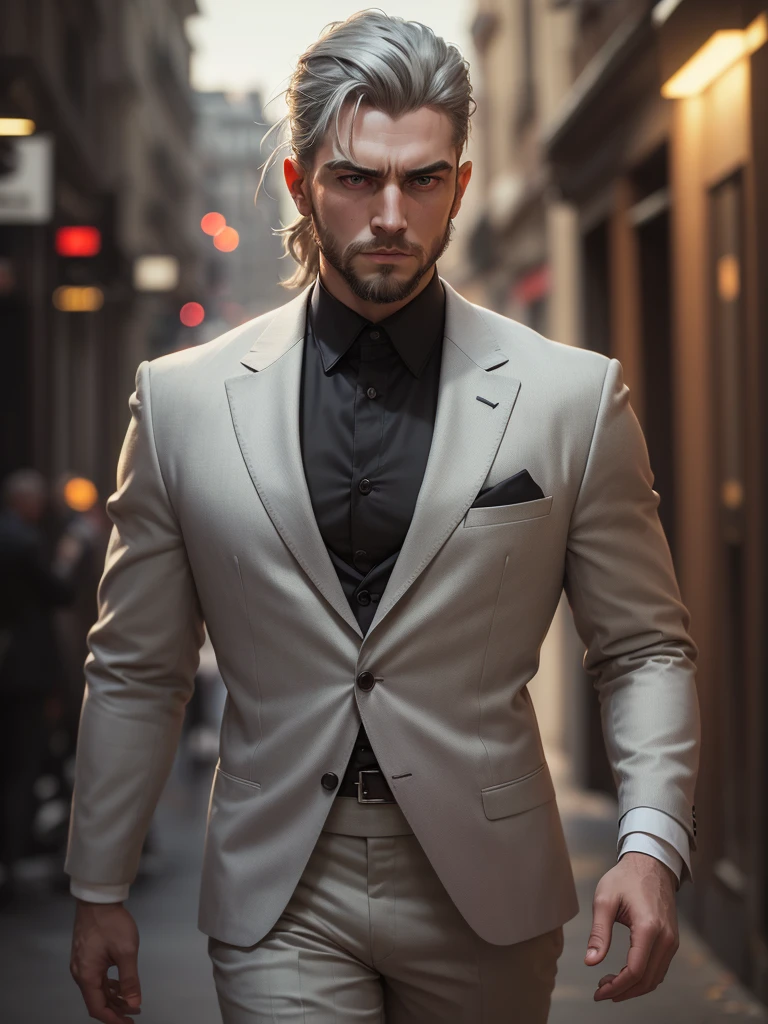 (An attractive man with perfect body with grey hair and green eyes with a serious and mysterious look)), ((one man)), (((Wearing mafia costumes))), ((formal clothes)) ((Mafia boss)), ((1920 costumes)), ((absurdres)), (masterpiece 1.3), (incredibly detailed), (highres:1.1), (high detailed skin:1.4), (high quality lighting), (skin texture), (UHD), (64K), (studio lighting), (photorealistic), (hyper realistic), (symmetric face), (unreal engine), (bokeh), (high resolution scan), (professional photograph), ((stunning handsome man)), ((short beard)), ((stoic)), ((stern looking)) , ((symmetrical eyes)), (strong jawline), (green eyes), (grey hair), (short hair), (1man), (solo), (dark atmosphere), (Dynamic poses), (masterpiece,best quality) ,