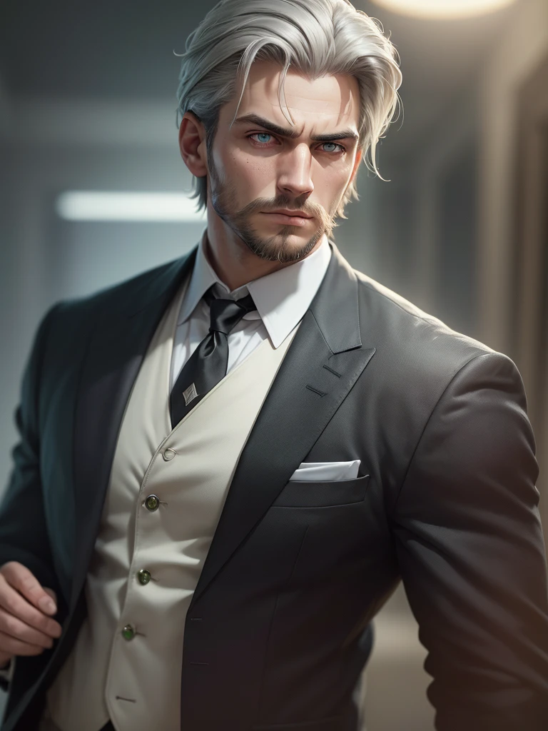 (An attractive man with perfect body with grey hair and green eyes with a serious and mysterious look)), ((one man)), (((Wearing mafia costumes))), ((formal clothes)) ((Mafia boss)), ((1920 costumes)), ((absurdres)), (masterpiece 1.3), (incredibly detailed), (highres:1.1), (high detailed skin:1.4), (high quality lighting), (skin texture), (UHD), (64K), (studio lighting), (photorealistic), (hyper realistic), (symmetric face), (unreal engine), (bokeh), (high resolution scan), (professional photograph), ((stunning handsome man)), ((short beard)), ((stoic)), ((stern looking)) , ((symmetrical eyes)), (strong jawline), (green eyes), (grey hair), (short hair), (1man), (solo), (dark atmosphere), (Dynamic poses), (masterpiece,best quality) ,
