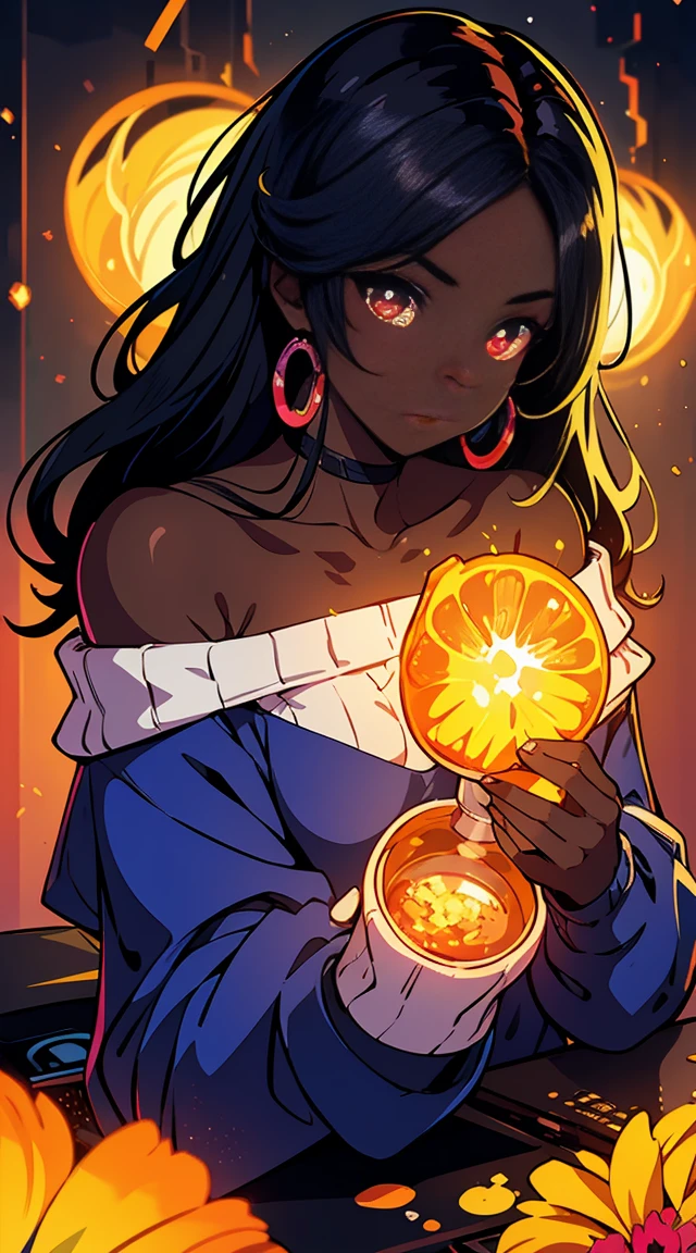 Upper body shot, ((beautiful black woman with flawless dark skin)), long hair with gradient glow, flare, electric colors, clearly defined facial features, big detailed eyes, ((( wearing an off the shoulder sweater))) glowing flowers in the background, masterpiece, best high quality image,96k, uhd, depth of field, 1080P wallpaper, spotlight, character focus, high quality, insanely detailed, UHD picture quality in the style of Amy Sol