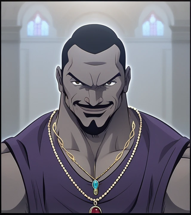 score_9, score_8_up, score_7_up, olivabiscuit, 1boy, solo, purple shirt, necklaces, ring, bracelets, gold, brown eyes, male focus, cocky smirk, looking at viewer, short hair, black hair, dark skin, facial hair, dark-skinned male, muscular male, bara, bald, manly, veins, meme, hand, points his temple, perfect, perfection, dynamic lighting, glare, extremely detailed, portrait, white background