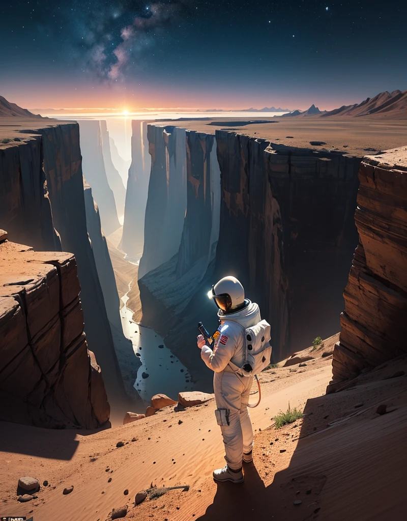 Create a painting of an astronaut standing at the edge of a canyon on Mars, gazing across to the other side, under the serene night sky
