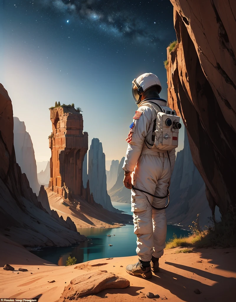 Create a painting of an astronaut standing at the edge of a canyon on Mars, gazing across to the other side, under the serene night sky