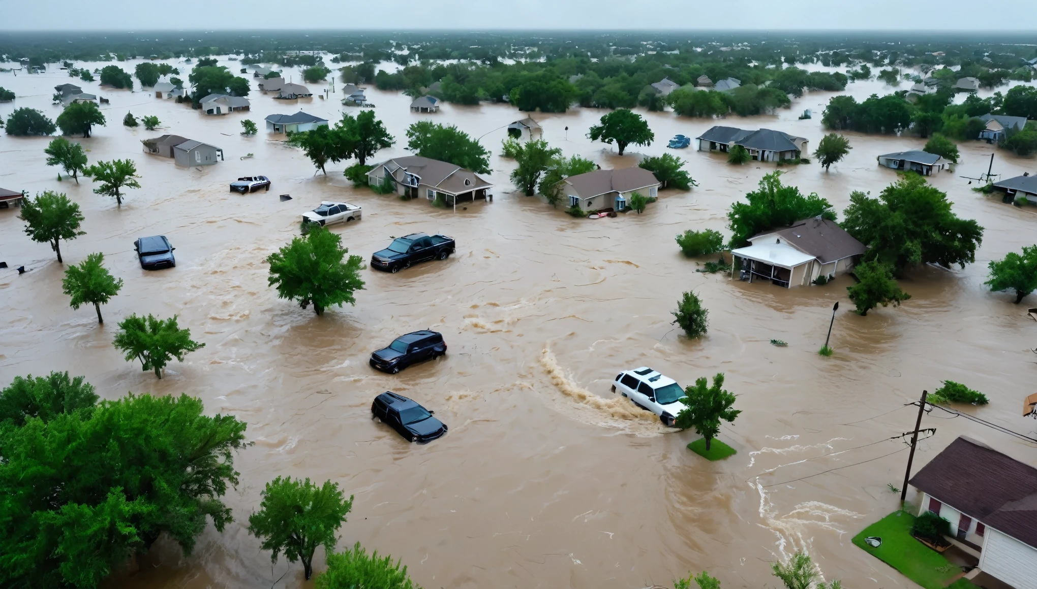 whoa, dramatic image depicts a chaos scenario. Hurricane with strong winds causes flooding and destruction in Texas. People trapped in floating cars, Submerged houses and debris in the violent flood.