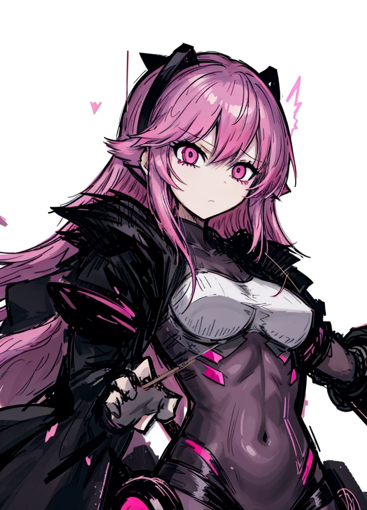 1girl,  neon pink hair, neon pink eyes, exposed torso, archer, bow and arrow,fire knight, legendary weapon ,beautiful clothes,(masterpiece, best quality), calm, aura of fire