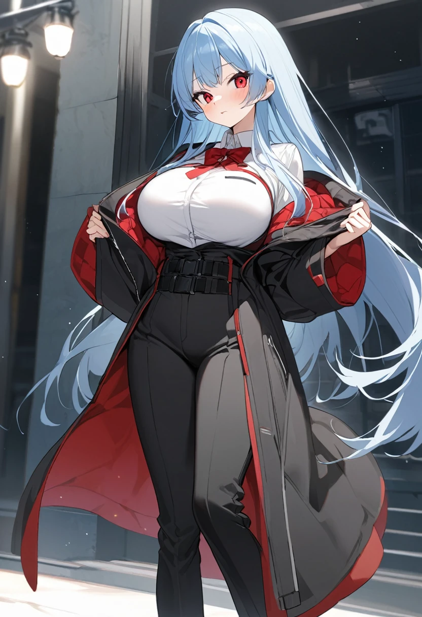 My name is Yukiko.I am a white test woman with long light blue hair,red eye color.I am 1.62 cm tall . My breasts measure 200 cm, my waist 40 cm and my hips 200 cm. Dressed in a long black coat, a winter jacket with a hood and warm pants. With big breasts 200 cm