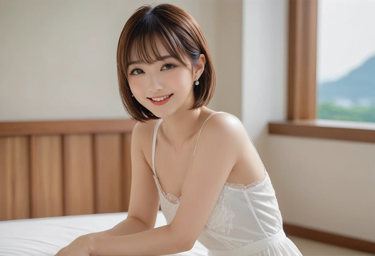 Masterpiece, High Quality, High Resolution, (Super Detail) ), (Wallpaper), ((Face) Detail),masterpiece, One woman per photo, Full Body Shot,Sit with your knees up、Underarm、 A composition looking down on the subject from the front, Young and beautiful woman in Japan, Smiling super cute face, short hair, Wearing a sleeveless white silk satin chemise with white lace,White panties are visible、 Small breasts、skinny、Glossy Lips, Attractive person, Silk Bed、Silk pillow, Silk Bedシーツ, Double eyelids on both eyes, Natural Makeup, Long eyelashes, Shiny and smooth light brown hair, Asymmetrical bangs, Fair skin, Center image, 8K resolution, High detail, Detailed hairstyle, Detailed face, Spectacular movie lighting, Vibrant, Ultra-realistic, Perfect limbs, Perfect ???????,Beautiful teeth alignment