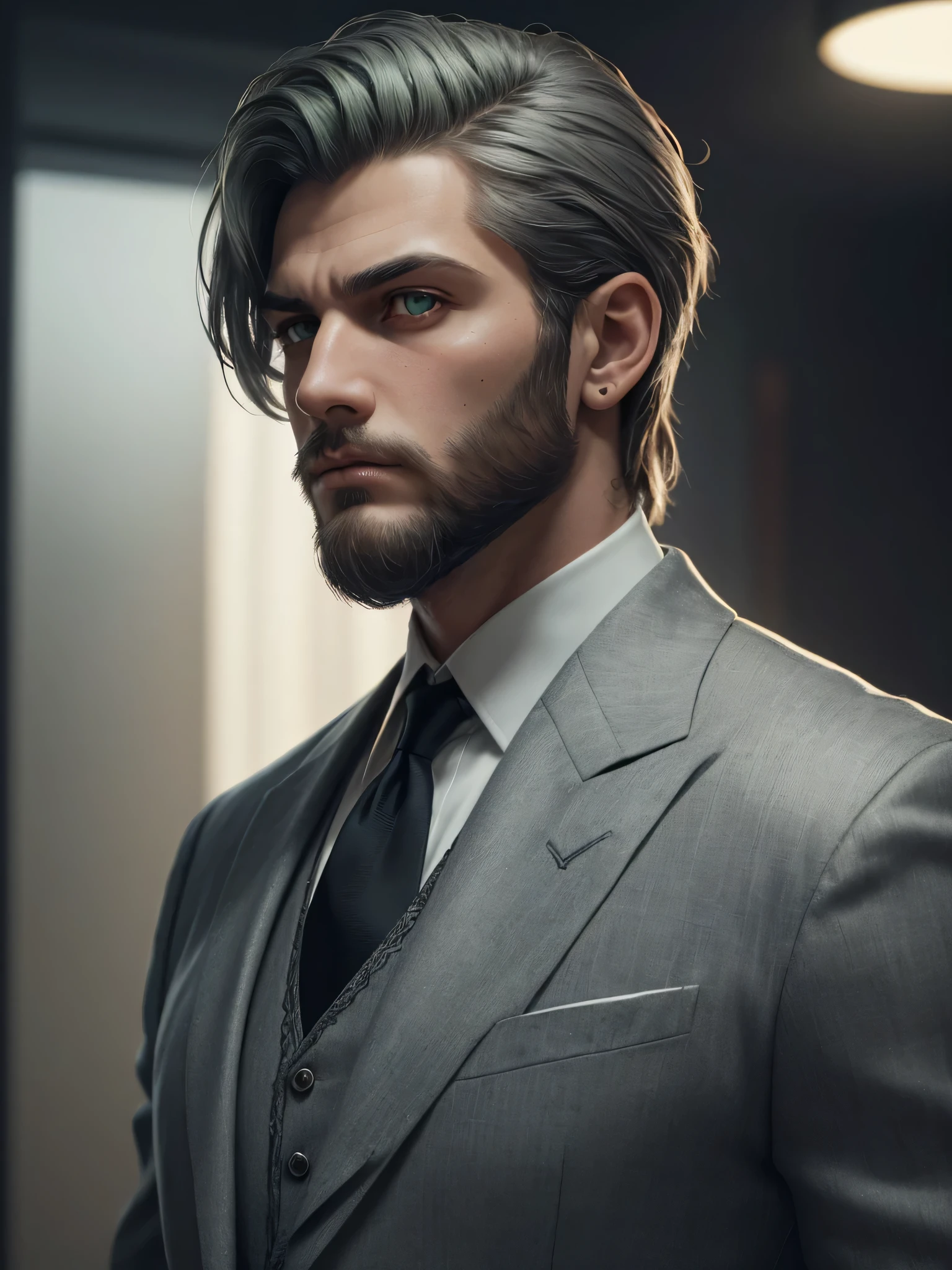 (An attractive man with perfect body with grey hair and green eyes with a serious and mysterious look)), ((one man)), (((Wearing mafia costumes))), ((formal clothes)) ((Mafia boss)), ((1920 costumes)), ((absurdres)), (masterpiece 1.3), (incredibly detailed), (highres:1.1), (high detailed skin:1.4), (high quality lighting), (skin texture), (UHD), (64K), (studio lighting), (photorealistic), (hyper realistic), (symmetric face), (unreal engine), (bokeh), (high resolution scan), (professional photograph), ((stunning handsome man)), ((short beard)), ((stoic)), ((stern looking)) , ((symmetrical eyes)), (strong jawline), (green eyes), (grey hair), (short hair), (1man), (solo), (dark atmosphere), (Dynamic poses), (masterpiece,best quality) ,
