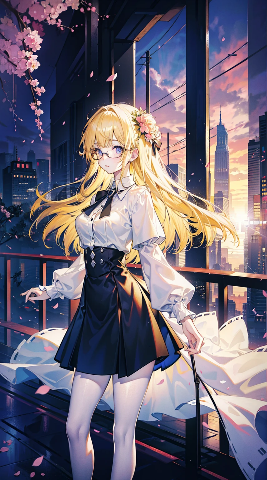 Young and beautiful Kathryn Newton, Glasses, White dress shirt, Very deep neckline, Black Mini Dress, Dark pantyhose, Surreal, 14 years old, Model figure, Large Breasts, Beautiful breasts, Big Ass, Long hair, Random Hairstyle, Blonde hair, Long legs, 8K, futuristic city, Cherry blossoms, sunrise, LED lighting, Anime style, （（Leaning against the wall，Sideways posture））