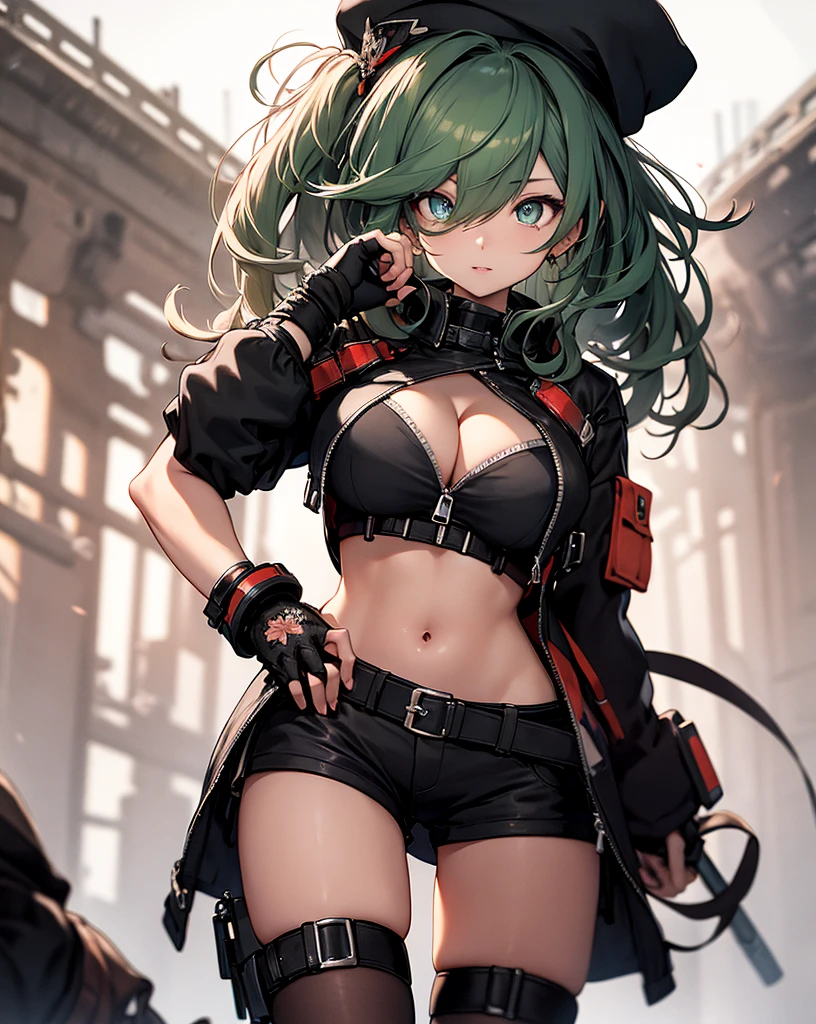 ubel,dark green hair,long hair,side ponytail,hair between eyes,bangs, BREAK (beret, black jacket, open clothes, cleavage, midriff, black shorts, black thighhighs, thigh strap, fingerless gloves, single glove:1.2) BREAK blurry background, BREAK pose, hand on hip, BREAK (masterpiece:1.2), best quality, high resolution, unity 8k wallpaper, (illustration:0.8), (beautiful detailed eyes:1.6), extremely detailed face, perfect lighting, extremely detailed CG, (perfect hands, perfect anatomy),
