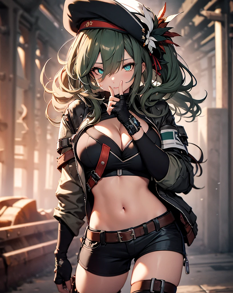 ubel,dark green hair,long hair,side ponytail,hair between eyes,bangs, BREAK (beret, black jacket, open clothes, cleavage, midriff, black shorts, black thighhighs, thigh strap, fingerless gloves, single glove:1.2) BREAK blurry background, BREAK pose, hand on hip, BREAK (masterpiece:1.2), best quality, high resolution, unity 8k wallpaper, (illustration:0.8), (beautiful detailed eyes:1.6), extremely detailed face, perfect lighting, extremely detailed CG, (perfect hands, perfect anatomy),