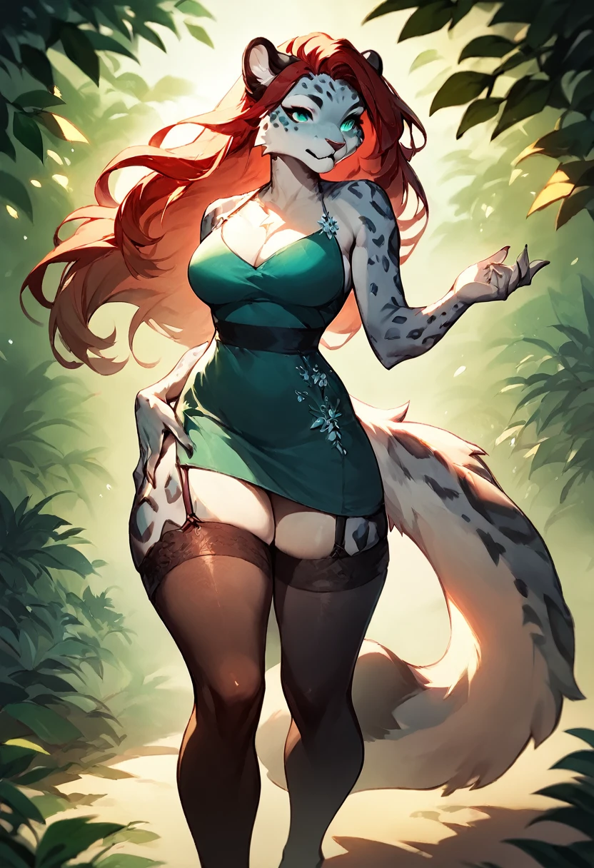 score_9, score_8_up, score_7_up, score_6_up, score_5_up, score_4_up, (solo), female anthro Snow leopard, summer dress, lusty, fluffy body, long dark red hair, turquoise eyes, (thick thighs:1.5) (she is standing) garter belt tights
