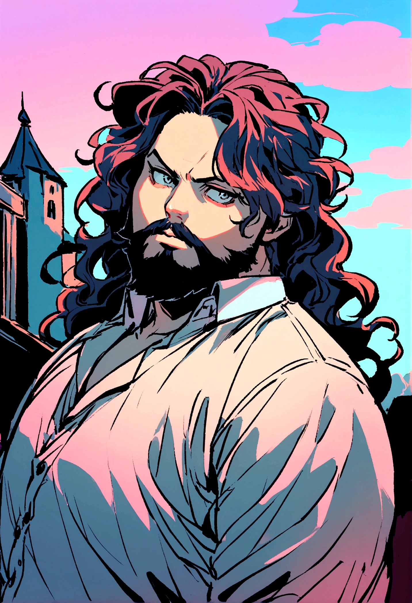 A boy with a Johnny Depp style beard, with a gamer scenario. The boy is a little overweight, has short, wavy hair