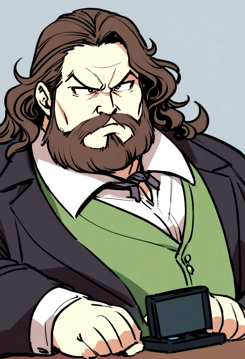 A boy with a Johnny Depp style beard, with a gamer scenario. The boy is a little overweight, has short, wavy hair