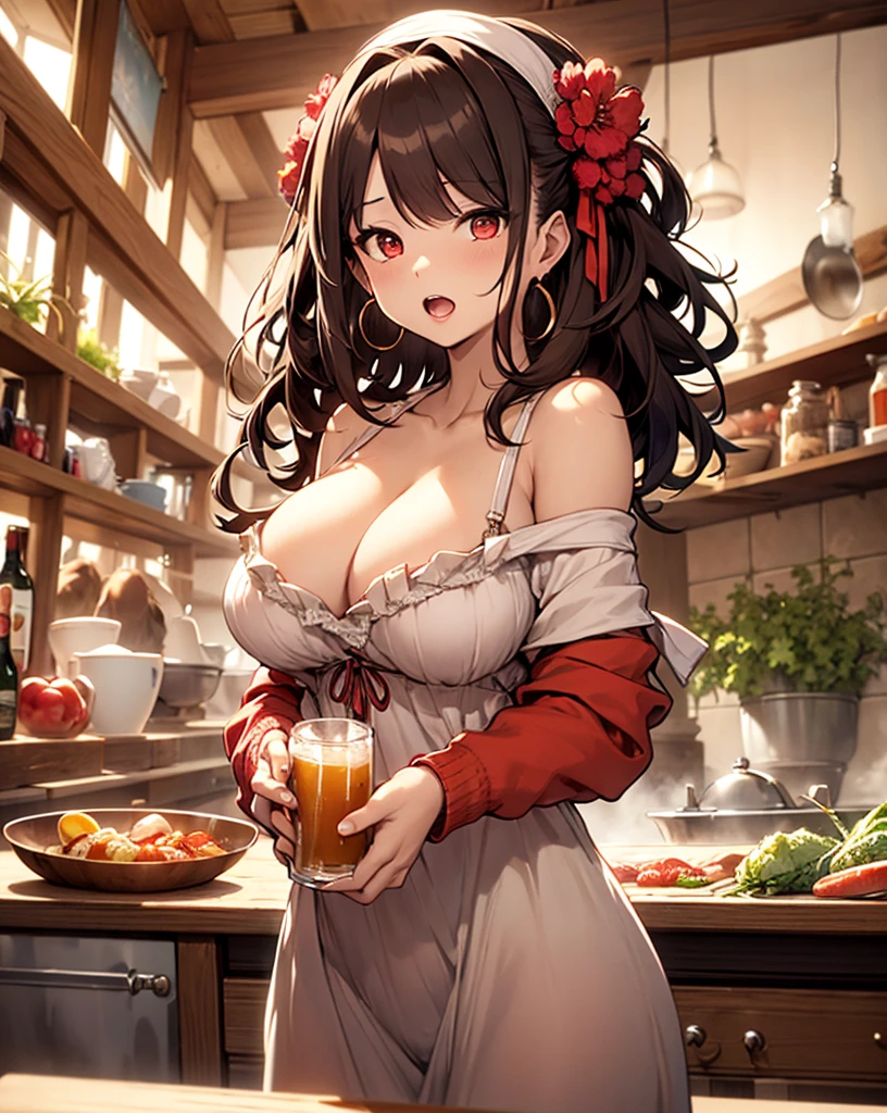 masterpiece, yor, 1girl, Bust A Cup, Amazing Cleavage:1.3, thin waist, big ass, Raised sexy, big breast: 1.2 posed cleavage:1.2、solo, looking at viewer, open mouth, have a cute grass of cute beergrass,black hair, red eyes, dress, bare shoulders, jewelry, collarbone, sidelocks, hairband, earrings, indoors, off shoulder, :o, sweater, arms behind back, plant, short hair with long locks, white hairband, off-shoulder dress, sweater dress, off-shoulder sweater, red sweater, big side hair, very long side hair,is rendered in (masterpiece: 1.2, best quality), with (ultra high resolution) and an exquisite (depth of field). This masterpiece is not only visually stunning but also tells,A scene of cooking in the kitchen