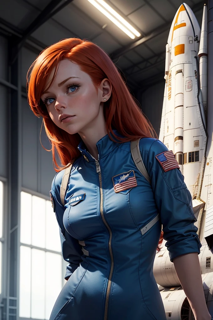 (Redhead woman character, slim, small breast, blue NASA uniform), She is in a NASA warehouse with a space shuttle in the background. A very important space mission will take place. Several air force personnel running on the NASA hangar.