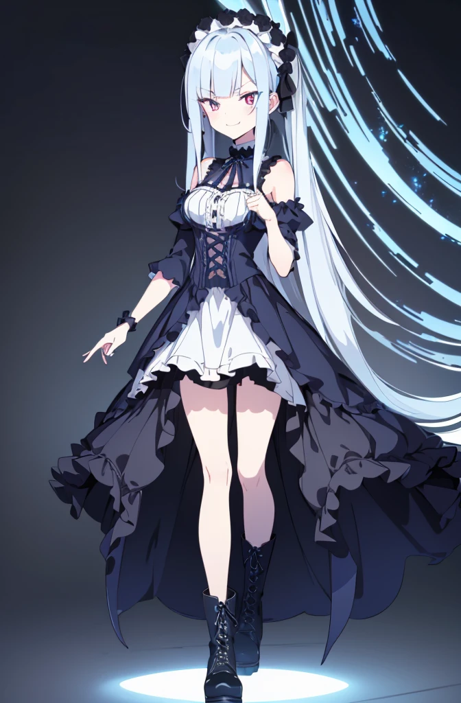 [(white background:1.4)::5],original,(illustration:1.1),(best quality),(masterpiece:1.1),(extremely detailed CG unity 8k wallpaper:1.1), (colorful:0.9),(mid shot:0.95),(full body:1.5),Dynamic angle,(solo:1.2), (girl),((adult)), (detailed beautiful eyes:1.15), (beautiful face:1.15), (glowing red eyes:1.25////),((dark blue long hair)),(blunt bangs),(low twintails),(+perfect hand+:1.21),(Draw an illustration of a gothic girl),(Religious),(slender),(is wearing boots on her feet),((is wearing black dress)),(furious), Lace Off-shoulder lolita fashion,beautiful slender woman,((evil smile)),dark blue short hair,dark blue short hair,laugh,