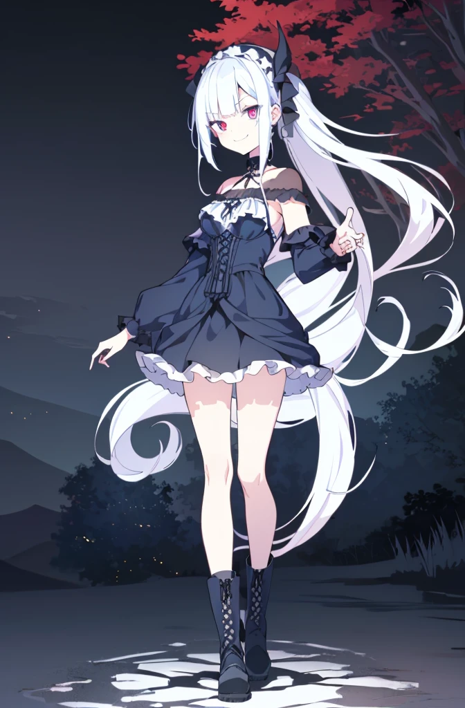 [(white background:1.4)::5],original,(illustration:1.1),(best quality),(masterpiece:1.1),(extremely detailed CG unity 8k wallpaper:1.1), (colorful:0.9),(mid shot:0.95),(full body:1.5),Dynamic angle,(solo:1.2), (girl),((adult)), (detailed beautiful eyes:1.15), (beautiful face:1.15), (glowing red eyes:1.25////),((dark blue long hair)),(blunt bangs),(low twintails),(+perfect hand+:1.21),(Draw an illustration of a gothic girl),(Religious),(slender),(is wearing boots on her feet),((is wearing black dress)),(furious), Lace Off-shoulder ta fashion,beautiful slender woman,((evil smile)),dark blue short hair,dark blue short hair,laugh,