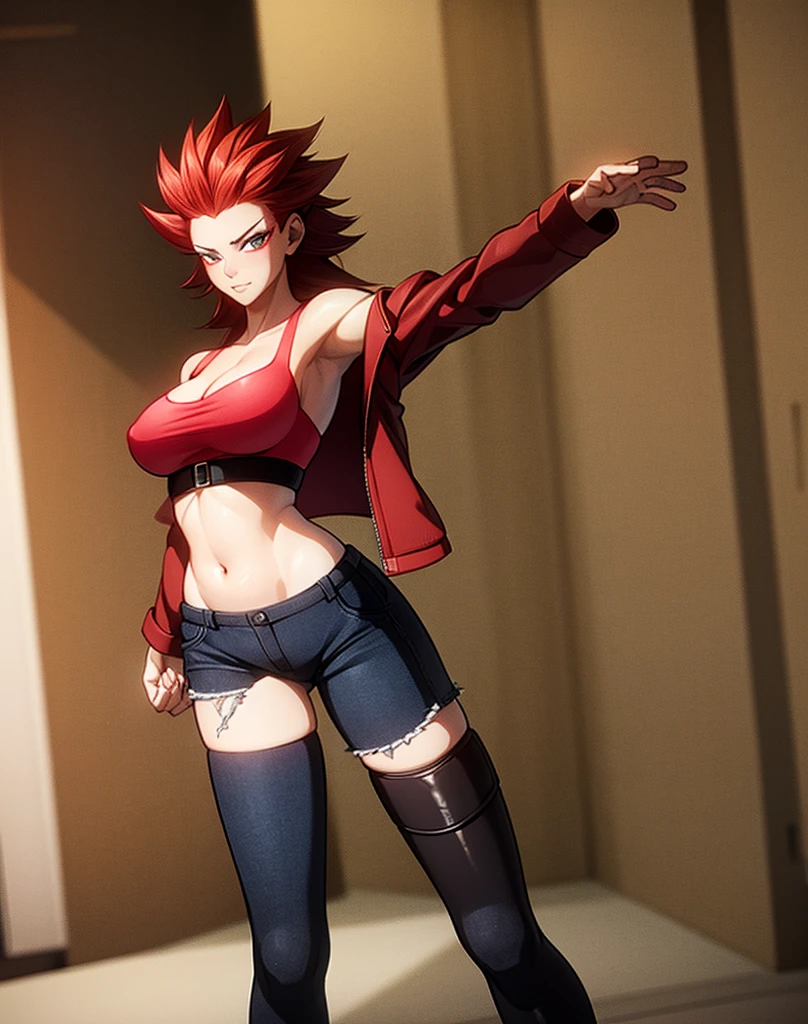 Sexy young girl with a good body, bright red hair, long hair, with bright red eyes, bright Eyes, with black leather jacket with white bra, ripped blue jeans, short brown boots with white, standing, spiky hair, bristly hair, standing, pose standing