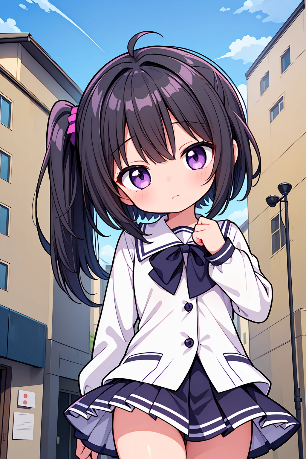 (High quality), (masterpiece), (very detailed), (dynamic lighting), (loli), girl, (very small bust), short black hair, hairstyle with a side ponytail, purple eyes, shy face, showing her thighs, on the school yard, sunny, camera angle from below, adorable eyes, (school uniform), detailed hands, more details, ADeteiler, HiRes-Fix