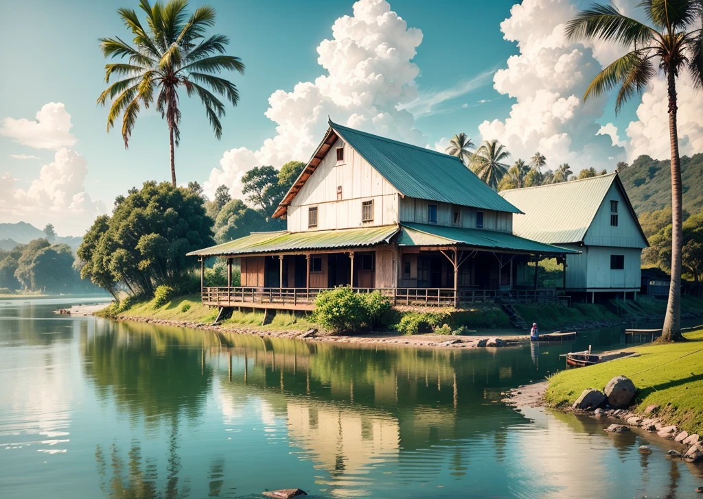 Indonesian old countryside、Farm house on the river bank、Farmer fishing in the river、A row of palm trees、Tranquil scenery、Blue sky、Thin white clouds、oil、Award-winning、
