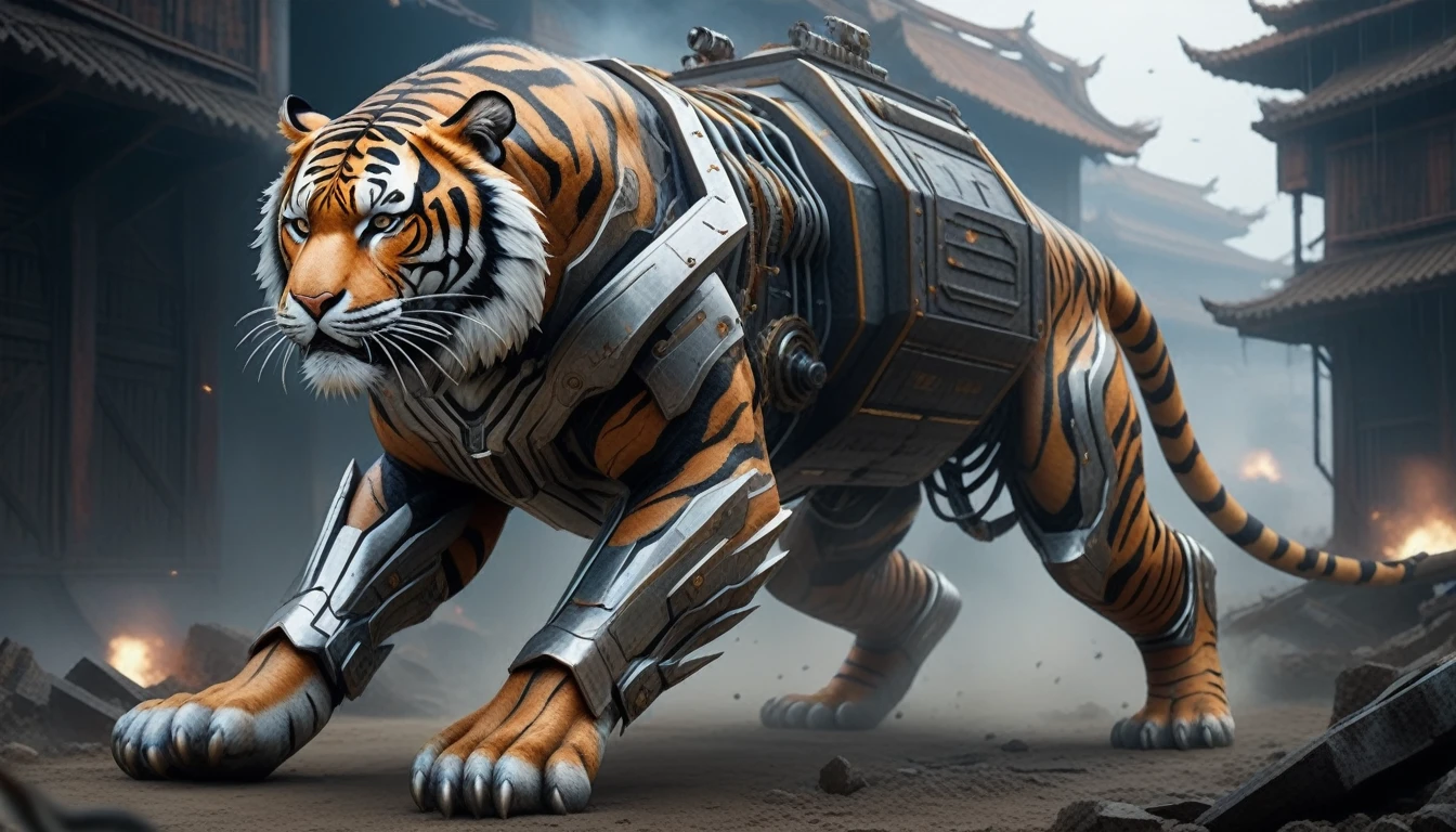 Ultra-realism, ((Masterpiece)), ((Best Quality)), (Very Detailed), ((Very Detailed)), 4K, (8K), very aesthetic, absurdres highres, Create highly textured mechanical tiger artwork. This tiger has a metallic sheen and realistic texture and is constructed with detailed mechanical elements. The colors are metallic gray and silver, with hints of rust, giving it an aged but advanced technological look. The background is simple and focuses on the intricacy and craftsmanship of the tiger design, Design a combat-ready cybernetic tiger equipped with powerful weapons, situated in an outdoor battlefield. The tiger should have missile launchers on its back, laser guns on its front legs, and a shield on its shoulders. It should be slashing at enemies with its sharp claws while advancing and delivering powerful attacks. The background should depict a war-torn battlefield with destroyed buildings, fighting posing, dynamic angle,