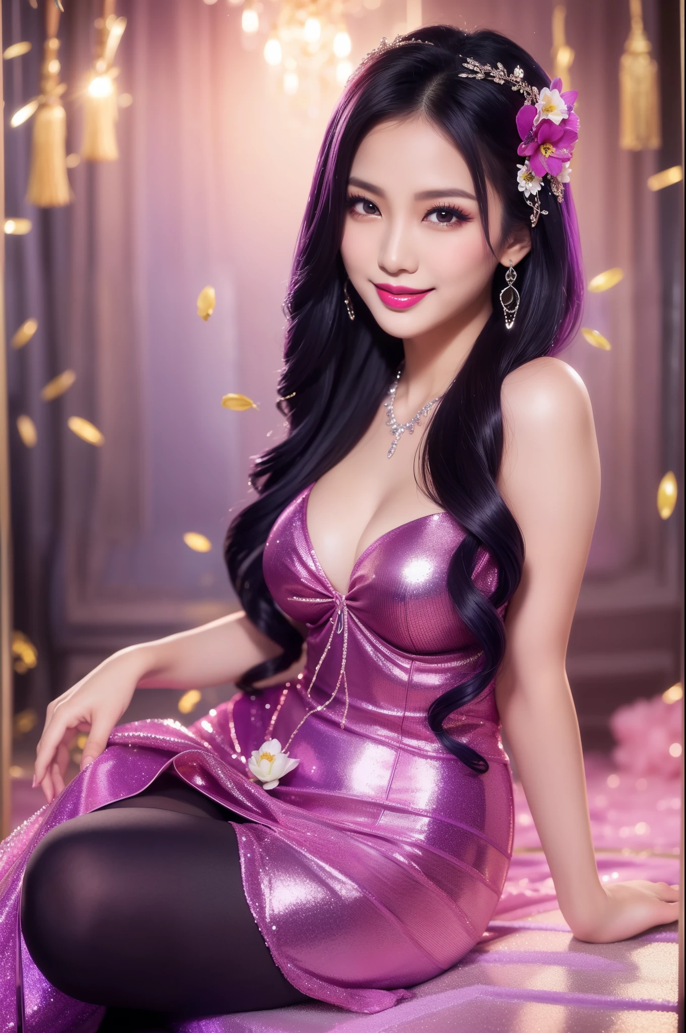 sexy Thai model who controls poison、beautiful smile、lip-gloss、bold lipstick、long lasheetallic makeup、look at the camera、full body Esbian、、sparkling poisoned flower costume、、、、sparkling Colorful hair、secrete poison、skull hair accessories、sexy tights、shiny sparkling flowers background