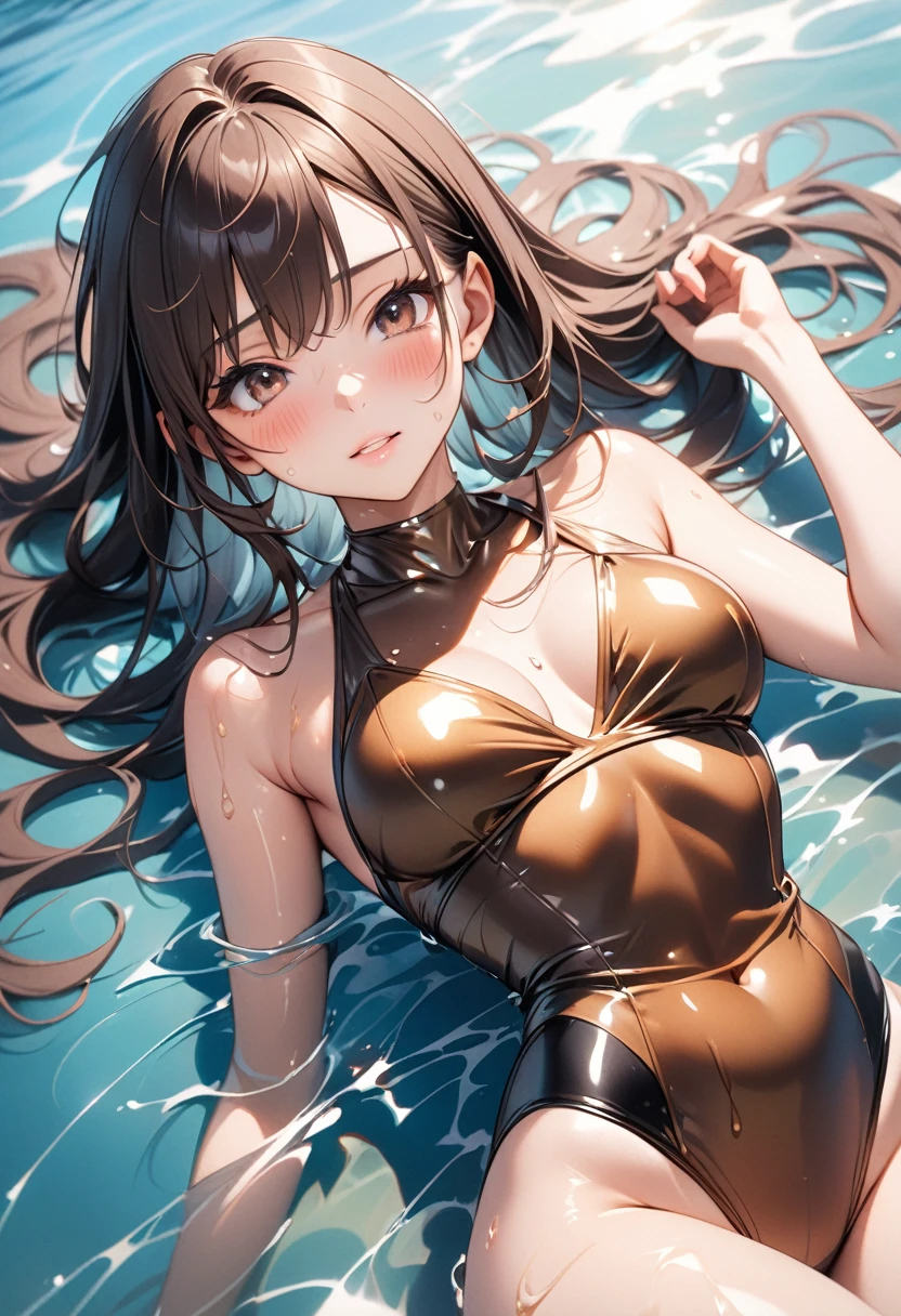 ((Metallic one-piece_swimsuits, lying on the water and floating, Mediterranean Sea)), skindentation, skinny, solo, 1 woman, Masterpiece, highest quality, highest quality, 16K, incredibly absurd, highly detailed, 2.5D, ai-generated, delicate and dynamic, very delicate facial expressions, delicate eye depiction, erotic, only sexy woman, healthy figure, 25-year-old woman, bride, 160cm tall, medium firm swaying bust, (dark hair), black eye, blush, Sweat,Embarrassed,sexy, ((thin thighs)), (Erect nipples:0.8), (visible nipples:0.8), (camel toe:0.8), ((shiny and lustrous)), facing straight at viewer, ((brown_skin:1.5)), ((Oily_skin)), sweaty skin, wet skin, dutch angle, sexy pose,lying,