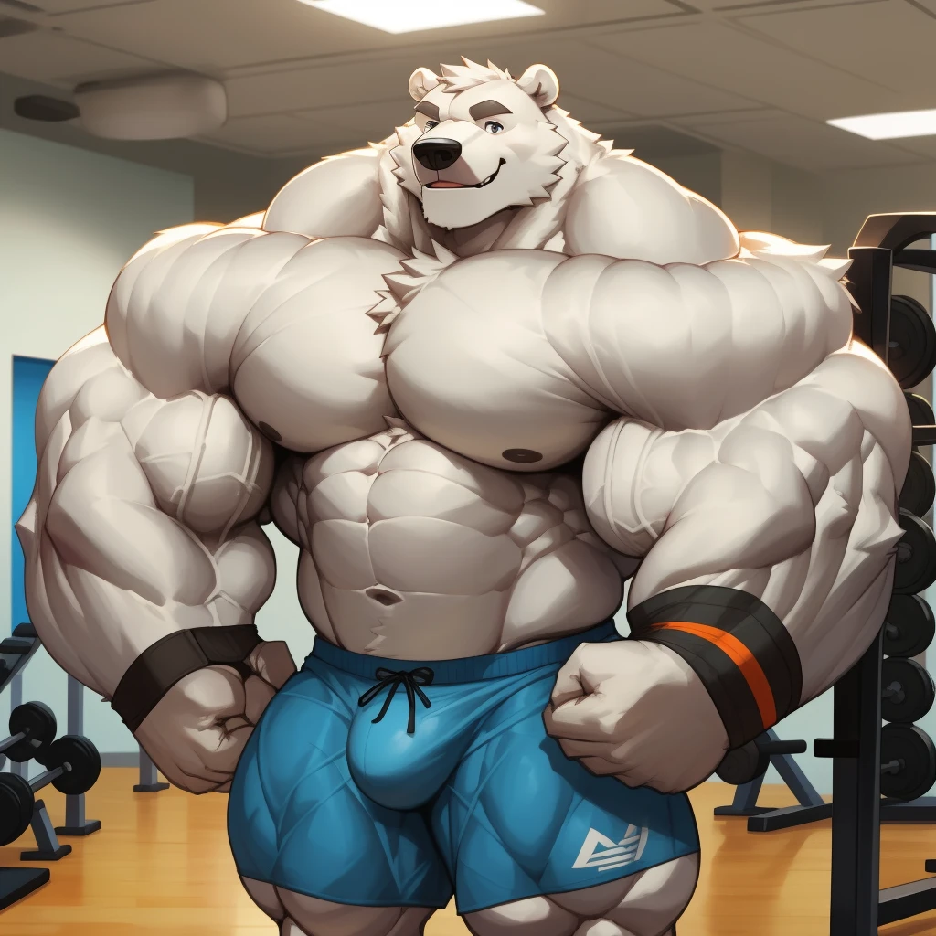 solo, 1boy, correct anatomy, perfect anatomy, (furry white bears, polar bear,) perfect proportion, big eyes, wide chest, bulky, bulk, bulge, happy. Huge Muscular polar bear at the gym working out,(blue shorts and wristbands), lifting two heavey dumbbells, view from front, pectoral, thick arms, huge pectoral, huge white fur, wide pectoral, gym fitness center background, masterpiece, semirealistic:1.2, high detailed, 8k, high resolution, perfect center, full view. ((really big muscle, massive muscular, sixpack, thick arms, wide pectoral, super huge muscle, hyper muscular, over sized muscle, huge arms, big arms, huge pectoral))