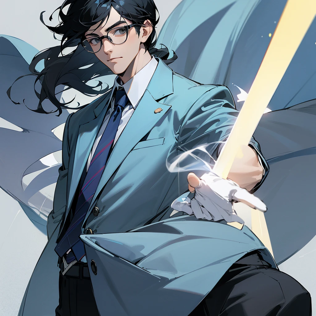 Black hair, glasses and a grey suit、Draw a full image of a cool guy with a light blue tie, but don't add any wrinkles around his forehead.