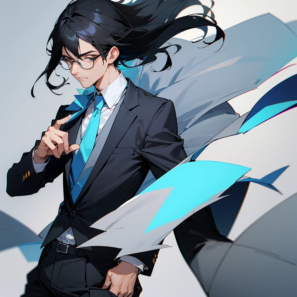Black hair, glasses and a grey suit、Draw a full image of a cool guy with a light blue tie, but don't add any wrinkles around his forehead.