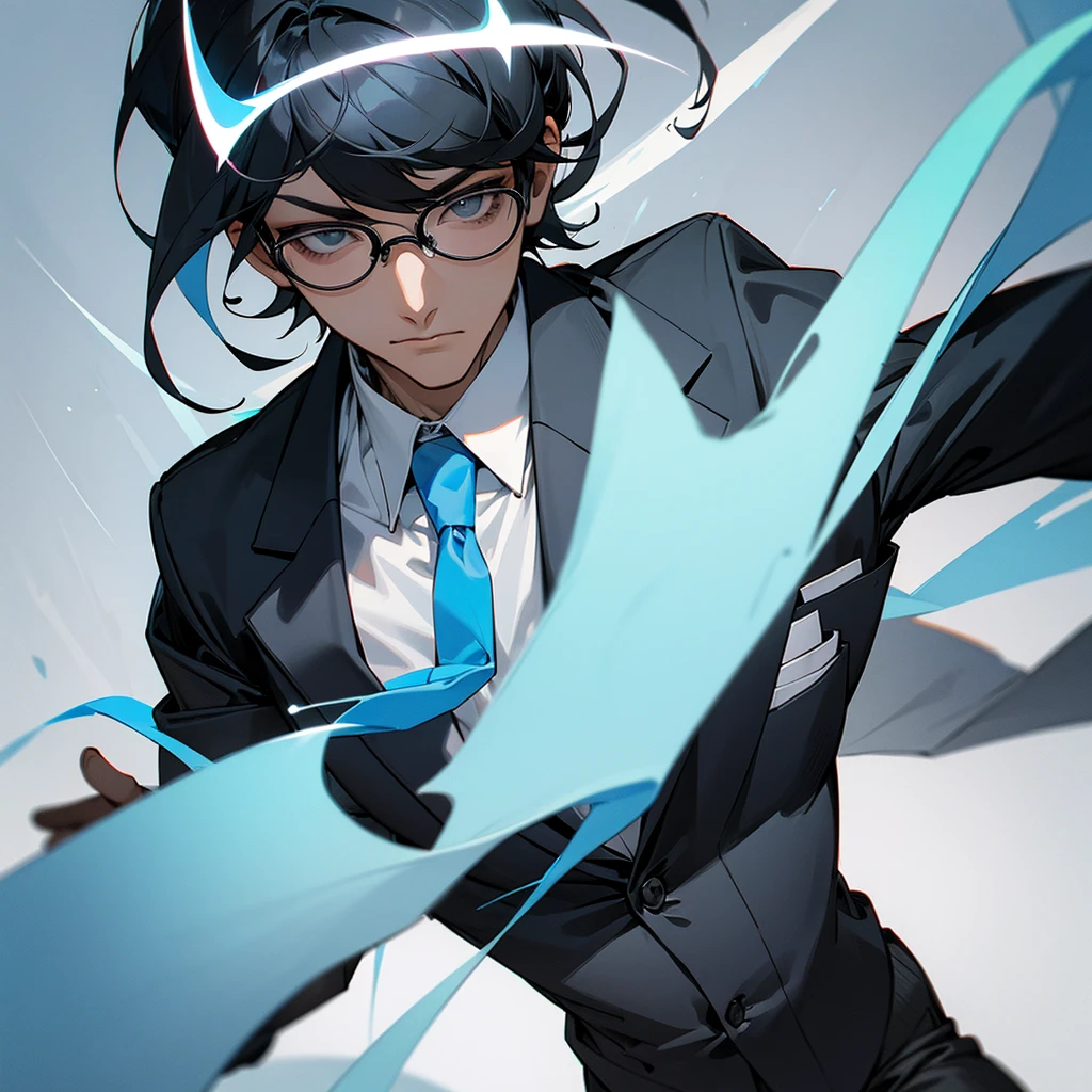 Black hair, glasses and a grey suit、Draw a full image of a cool guy with a light blue tie, but don't add any wrinkles around his forehead.