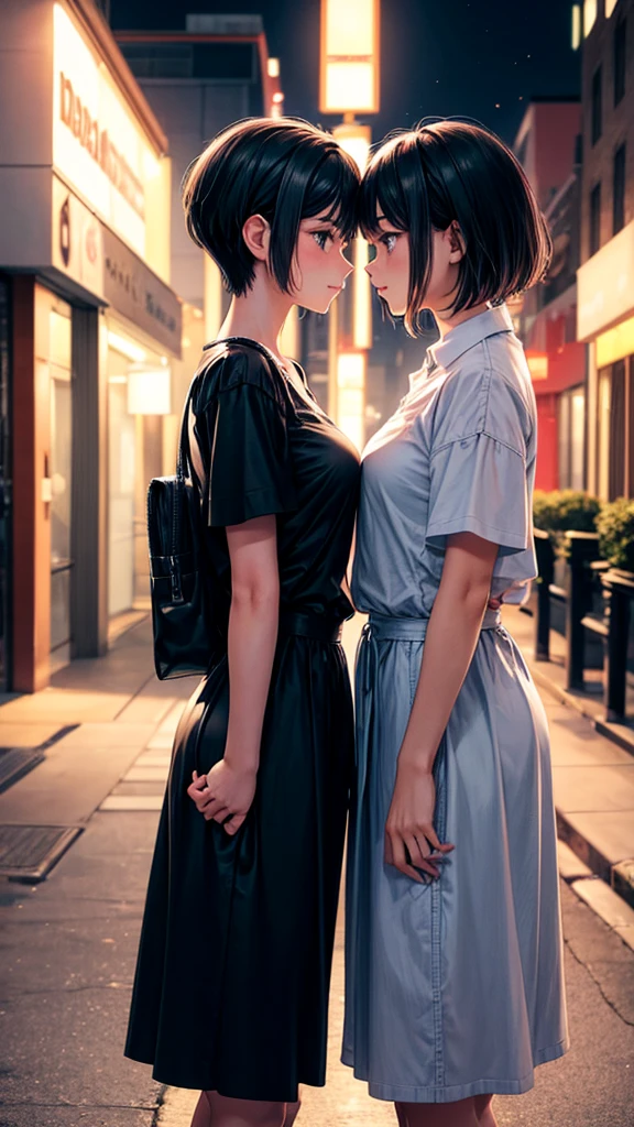 Two girls looking at each other passionately in the city at night.
One of the girls has short hair , half shaved. The other girl has long black hair.