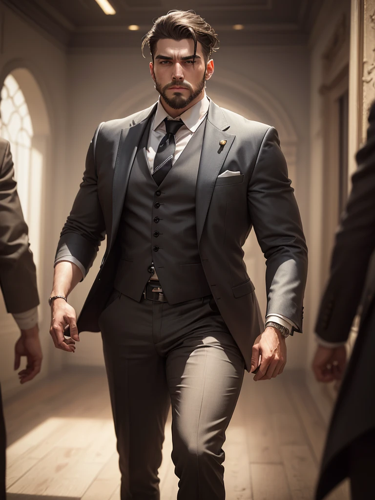 (An attractive man with perfect body with ashen hair and greeneyes with a serious and mysterious look)), ((one men)), (((Wearing mafia costumes))), ((formal clothes)) ((mafia boss)), ((1920 costumes)), ((absurderes)), (work of art 1.3), (incredibily detailed), (high resolution:1.1), (highly detailed skin:1.4), (high quality lighting), (texture skin), (ultra HD), (64k), (studio lighting), (photorrealistic), (hyperrealisti), (symmetrical face), (engine unreal), (bokeh), (digitalização de high resolution), (professional photograpy), ((beautiful and stunning man)), ((short beard)), ((stoic)), ((olhar severo)) , ((symmetrical eyes)), (strong chin), (greeneyes), (ashen hair), (shorth hair), (1 men), (standing alone), (dark atmospher), (dynamic poses), (work of art,best qualityer) ,