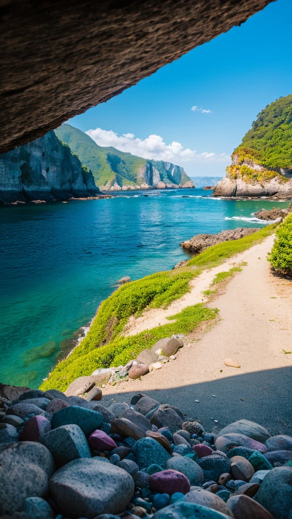 there is a rainbow in the sky over a beach with rocks and pebbles, seashore, Alpine Forest Landscape Photo,Steep mountain roads,Clear and transparent lake,wood,Bushes,Fallen leaves,Dawn Sun,Kasumi,Cliffs and mountains,Dilapidated,Lonely,cold,Foggy sky,Not a dazzling morning sun,Nightmare vision,Dark fantasy plot,Perfect and excellent composition,8K resolution,detailed,restricted,close ultra-wide angle shot,Realistic,Beautiful sky,Colorful clouds float,True to life, The private parts are clearly visible, Perfect perfection, Digital single-lens reflex camera, 1024, 2048, 4096, detailedな, sharp, Best Quality, high quality, Absurd,Unattended background,Very detailed、detailedな照明の影,Art Station Trends、Complex、expensivedetailed、dramatic、(Volumetric Lighting:1.2)HDR shot。(close,Super Depth of Field,Ultra Wide Angle,Microfocal Lenses:1.2)(Realistic:1.4)Masterpiece、expensive、expensive品質、beautiful photo,Global illumination magical beach, sunny rainbow galaxy stormy sea, by Igor Grabar, colorful hd picure, near the seashore, rainbow reflections, just one rainbow 8 k, beach landscape, still of rainbow ophanim, calm vivid colors, by Marie Bashkirtseff, beautiful beach