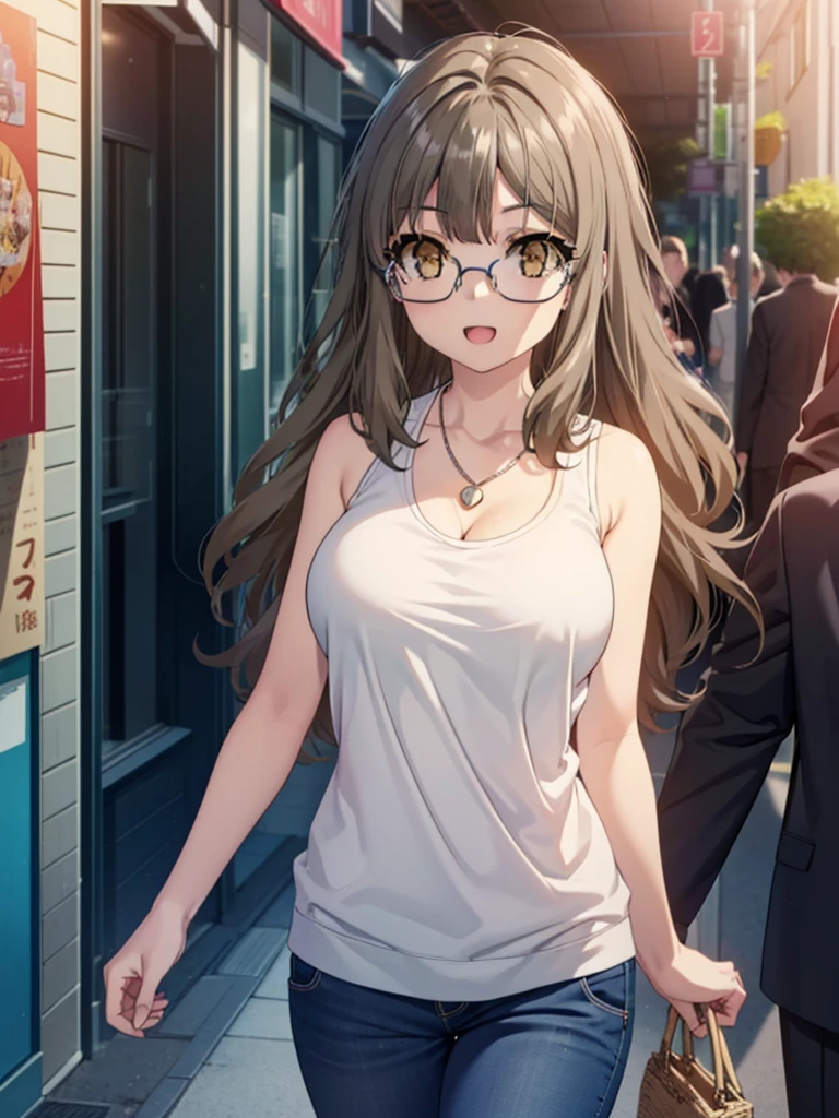Riofutaba, Rio Futaba, Long Hair, Brown Hair, (Brown eyes:1.5), Glasses,Big Breasts,smile,Open your mouth,Red Tank Top,Heart Necklace,skinny pants,Stiletto heels,Business Back,Walking,morning,morning陽,The sun is rising,whole bodyがイラストに入るように,
break outdoors, Building district,
break looking at viewer, whole body,
break (masterpiece:1.2), Highest quality, High resolution, unity 8k wallpaper, (figure:0.8), (Beautiful attention to detail:1.6), Highly detailed face, Perfect lighting, Highly detailed CG, (Perfect hands, Perfect ???????),