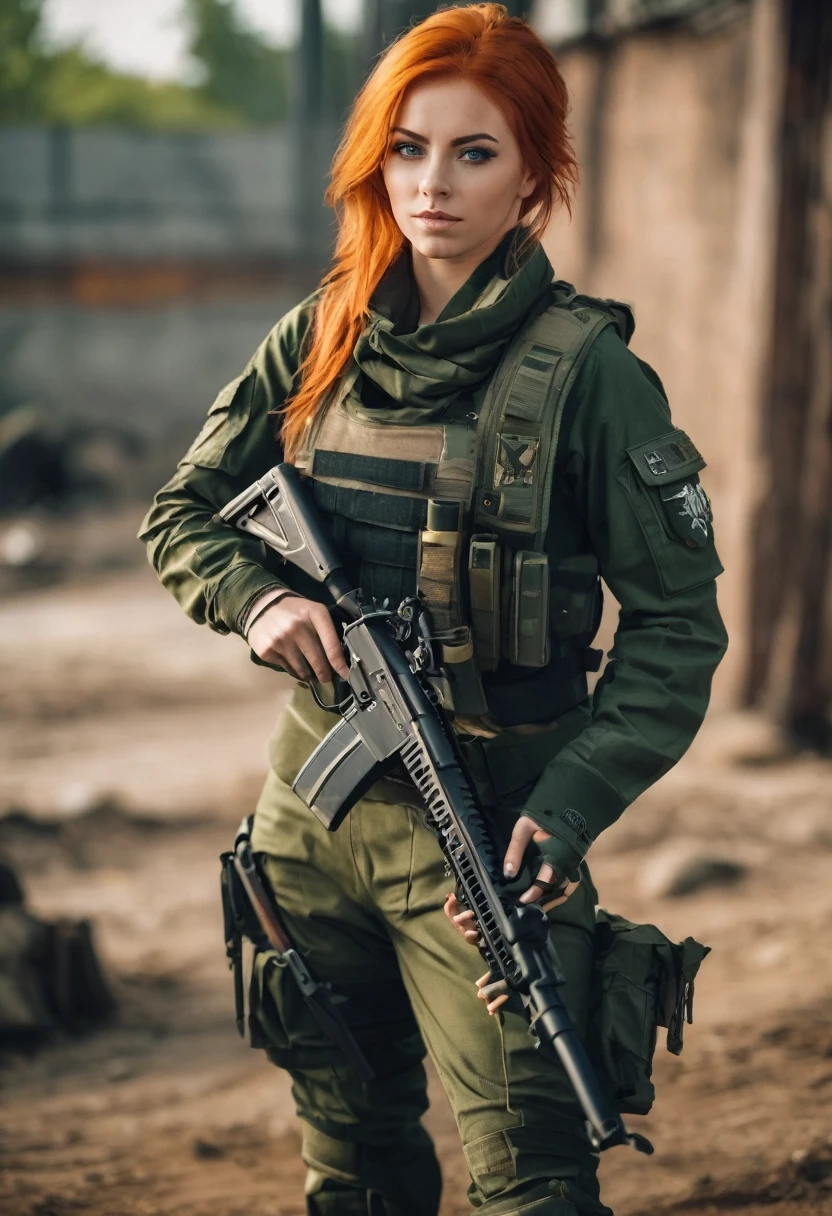 A young woman with orange hair and green eyes, dressed in military attire, posing for a photo shoot holding a rifle outdoors, uma reminiscência de Call of Duty e Escape from Tarkov's Private Military Company (PMC), on the right arm, there is volumetric lighting, soft glow, Depth of field, highly detailed photograph, low-contrast, pastel colours, como Kodak Portra 400, in 8k resolution, gazing at viewer, perfect hands, war zone background