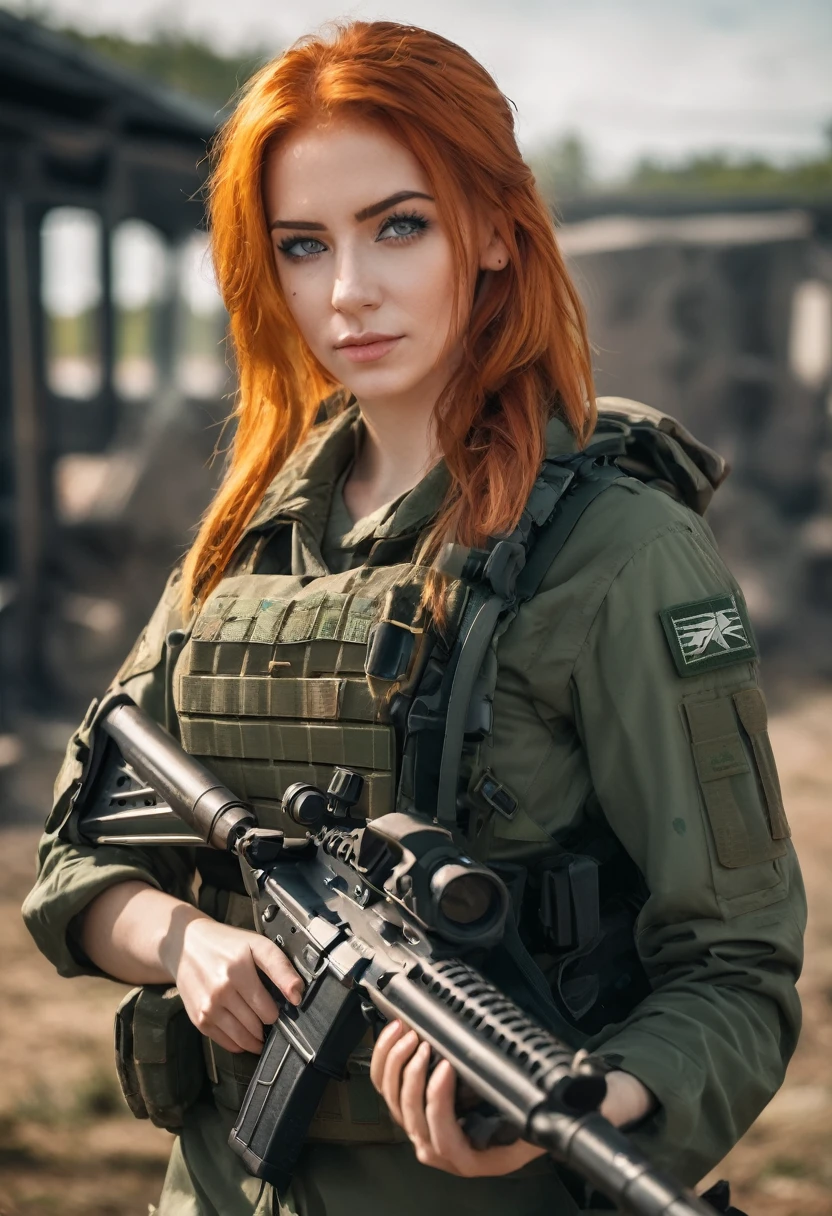 A young woman with orange hair and green eyes, dressed in military attire, posing for a photo shoot holding a rifle outdoors, uma reminiscência de Call of Duty e Escape from Tarkov&#39;s Private Military Company (PMC),  on the right arm, there is volumetric lighting, soft glow, Depth of field, highly detailed photograph, low-contrast, pastel colours, como Kodak Portra 400, in 8k resolution, gazing at viewer, perfect hands, war zone background