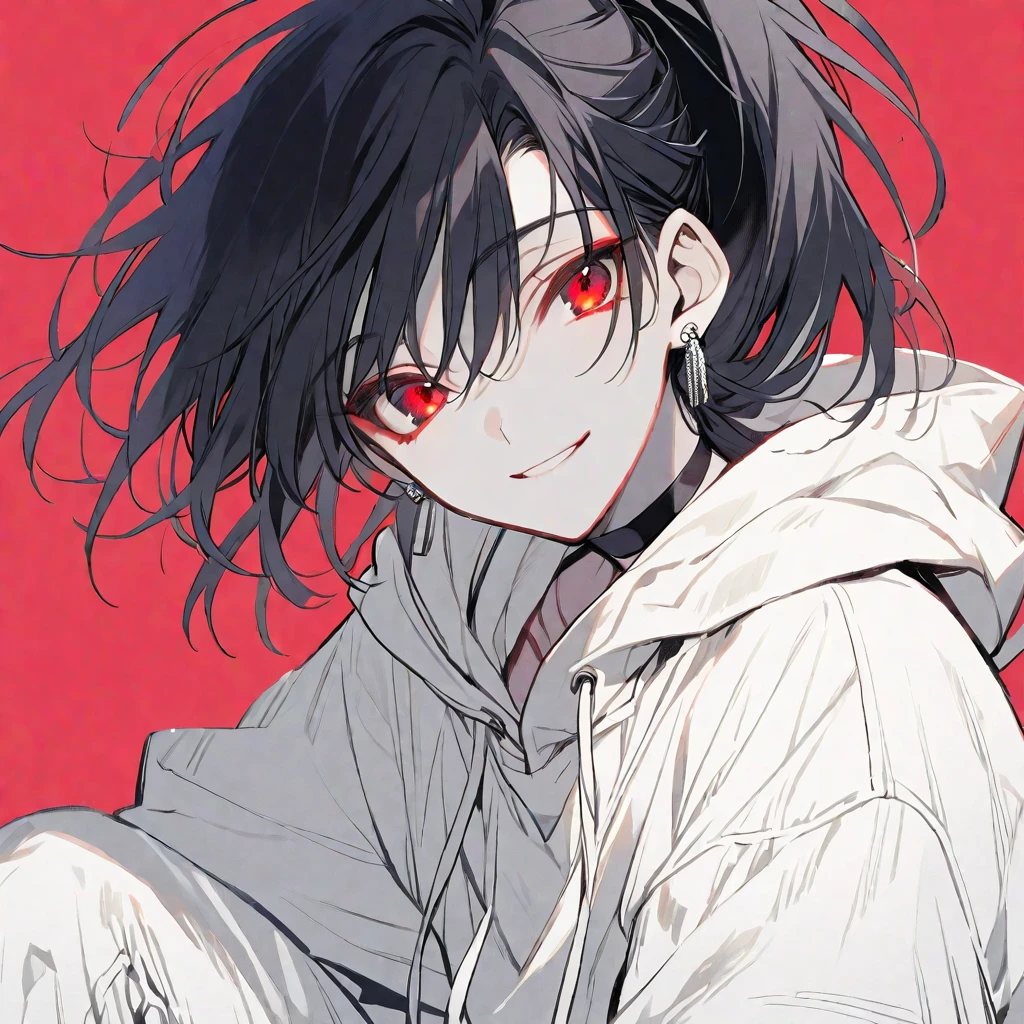 solo, handsome, monotone,
1. male,
Hime cut,Straight Hair,Bob Hair, ponytail,
black hair, 
Nakano Yotsuba,
red Eyes,Soft look,beautiful,beautiful,Sexy,Darkness,Lots of silver earrings,choker,
White Distressed jeans, hoodie ,smile,skin,Summer,
simple background ,
darkred background,