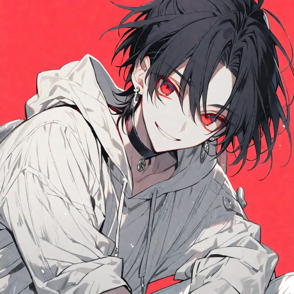 solo, handsome, monotone,
1. male,
Hime cut,Straight Hair,Bob Hair, ponytail,
black hair, 
Nakano Yotsuba,
red Eyes,Soft look,beautiful,beautiful,Sexy,Darkness,Lots of silver earrings,choker,
White Distressed jeans, hoodie ,smile,skin,Summer,
simple background ,
darkred background,