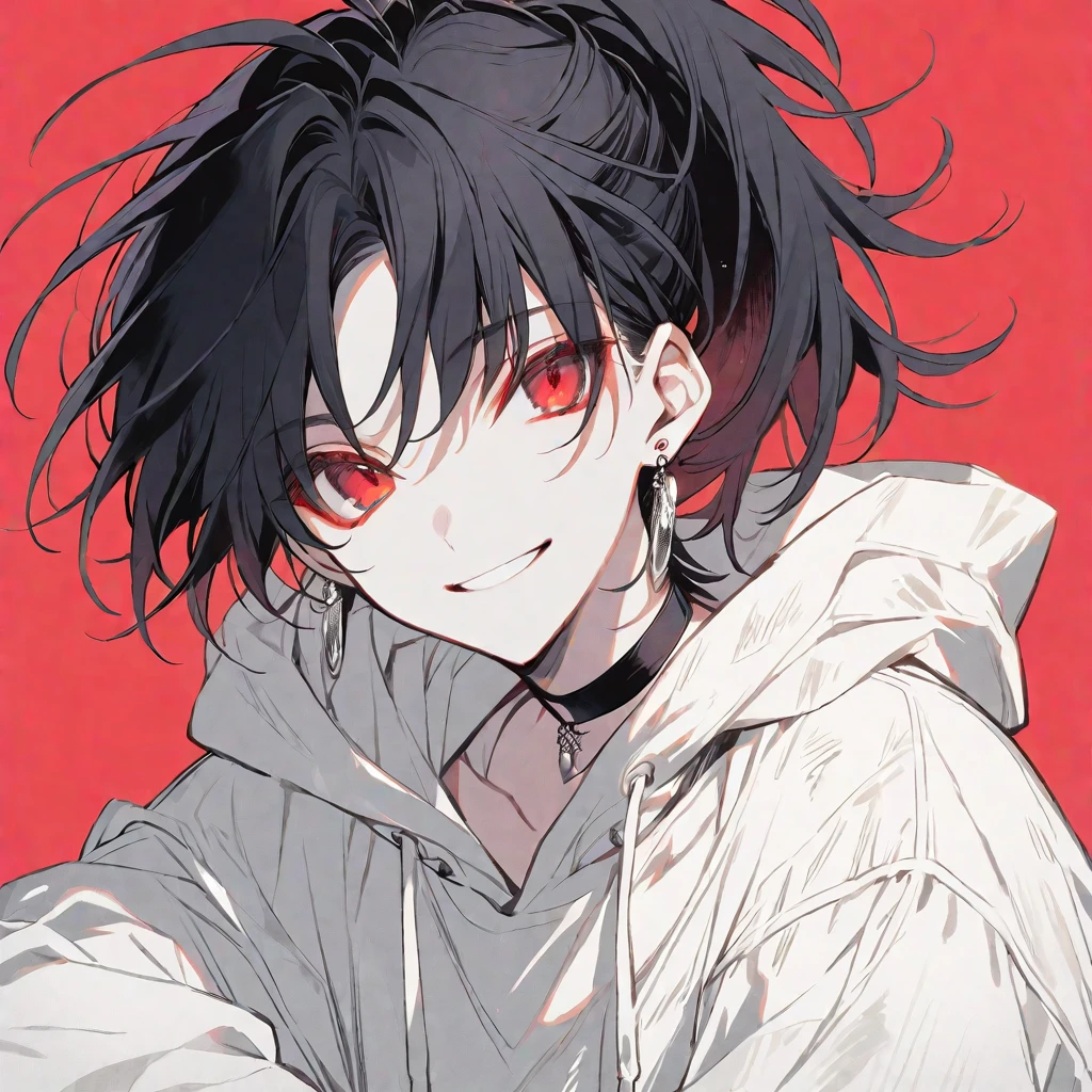 solo, handsome, monotone,
1. male,
Hime cut,Straight Hair,Bob Hair, ponytail,
black hair,
Nakano Yotsuba,
red Eyes,Soft look,beautiful,beautiful,Sexy,Darkness,Lots of silver earrings,choker,
White Distressed jeans, hoodie ,smile,skin,Summer,
simple background ,
darkred background,