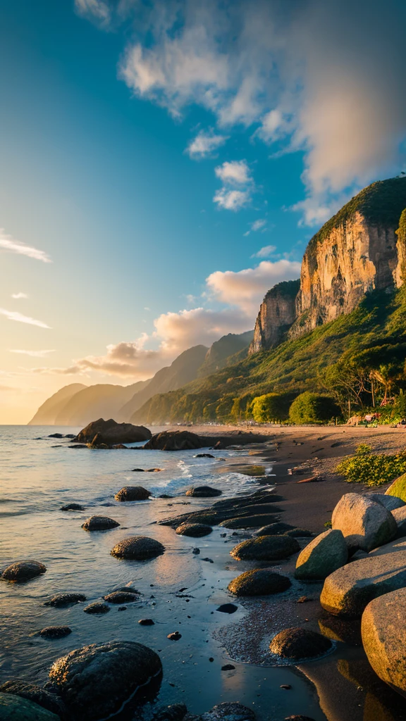 there is a rainbow in the sky over a beach with rocks and pebbles, seashore, Alpine Forest Landscape Photo,Steep mountain roads,Clear and transparent lake,wood,Bushes,Fallen leaves,Dawn Sun,Kasumi,Cliffs and mountains,Dilapidated,Lonely,cold,Foggy sky,Not a dazzling morning sun,Nightmare vision,Dark fantasy plot,Perfect and excellent composition,8K resolution,detailed,restricted,close ultra-wide angle shot,Realistic,Beautiful sky,Colorful clouds float,True to life, The private parts are clearly visible, Perfect perfection, Digital single-lens reflex camera, 1024, 2048, 4096, detailedな, sharp, Best Quality, high quality, Absurd,Unattended background,Very detailed、detailedな照明の影,Art Station Trends、Complex、expensivedetailed、dramatic、(Volumetric Lighting:1.2)HDR shot。(close,Super Depth of Field,Ultra Wide Angle,Microfocal Lenses:1.2)(Realistic:1.4)Masterpiece、expensive、expensive品質、beautiful photo,Global illumination magical beach, sunny rainbow galaxy stormy sea, by Igor Grabar, colorful hd picure, near the seashore, rainbow reflections, just one rainbow 8 k, beach landscape, still of rainbow ophanim, calm vivid colors, by Marie Bashkirtseff, beautiful beach