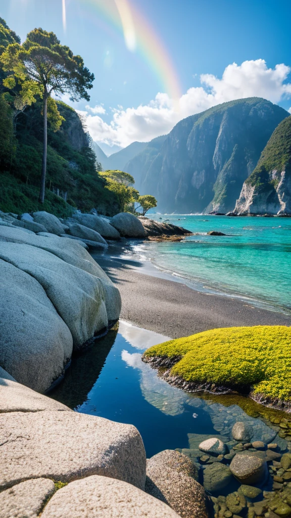 there is a rainbow in the sky over a beach with rocks and pebbles, seashore, Alpine Forest Landscape Photo,Steep mountain roads,Clear and transparent lake,wood,Bushes,Fallen leaves,Dawn Sun,Kasumi,Cliffs and mountains,Dilapidated,Lonely,cold,Foggy sky,Not a dazzling morning sun,Nightmare vision,Dark fantasy plot,Perfect and excellent composition,8K resolution,detailed,restricted,close ultra-wide angle shot,Realistic,Beautiful sky,Colorful clouds float,True to life, The private parts are clearly visible, Perfect perfection, Digital single-lens reflex camera, 1024, 2048, 4096, detailedな, sharp, Best Quality, high quality, Absurd,Unattended background,Very detailed、detailedな照明の影,Art Station Trends、Complex、expensivedetailed、dramatic、(Volumetric Lighting:1.2)HDR shot。(close,Super Depth of Field,Ultra Wide Angle,Microfocal Lenses:1.2)(Realistic:1.4)Masterpiece、expensive、expensive品質、beautiful photo,Global illumination magical beach, sunny rainbow galaxy stormy sea, by Igor Grabar, colorful hd picure, near the seashore, rainbow reflections, just one rainbow 8 k, beach landscape, still of rainbow ophanim, calm vivid colors, by Marie Bashkirtseff, beautiful beach