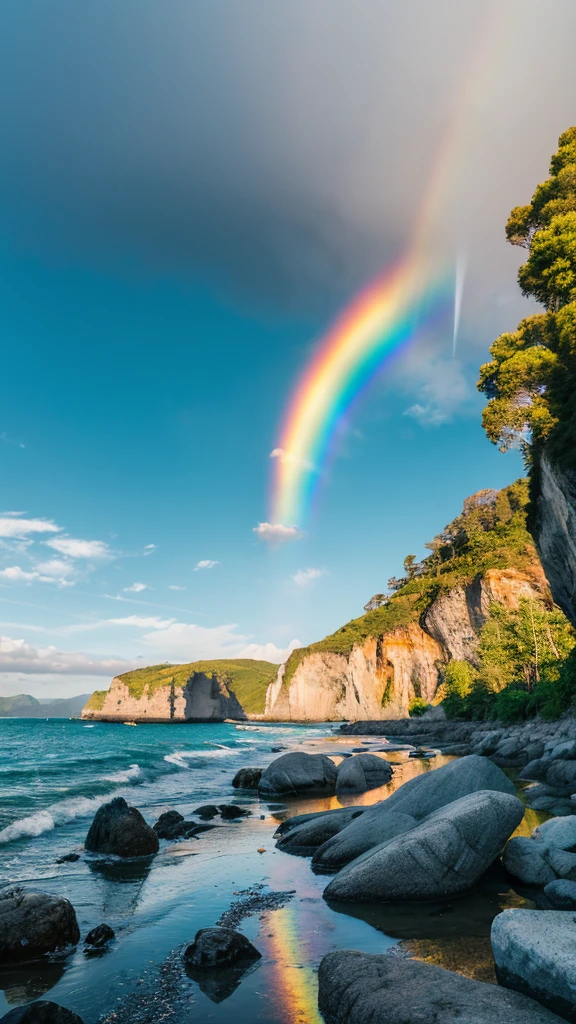 there is a rainbow in the sky over a beach with rocks and pebbles, seashore, Alpine Forest Landscape Photo,Steep mountain roads,Clear and transparent lake,wood,Bushes,Fallen leaves,Dawn Sun,Kasumi,Cliffs and mountains,Dilapidated,Lonely,cold,Foggy sky,Not a dazzling morning sun,Nightmare vision,Dark fantasy plot,Perfect and excellent composition,8K resolution,detailed,restricted,close ultra-wide angle shot,Realistic,Beautiful sky,Colorful clouds float,True to life, The private parts are clearly visible, Perfect perfection, Digital single-lens reflex camera, 1024, 2048, 4096, detailedな, sharp, Best Quality, high quality, Absurd,Unattended background,Very detailed、detailedな照明の影,Art Station Trends、Complex、expensivedetailed、dramatic、(Volumetric Lighting:1.2)HDR shot。(close,Super Depth of Field,Ultra Wide Angle,Microfocal Lenses:1.2)(Realistic:1.4)Masterpiece、expensive、expensive品質、beautiful photo,Global illumination magical beach, sunny rainbow galaxy stormy sea, by Igor Grabar, colorful hd picure, near the seashore, rainbow reflections, just one rainbow 8 k, beach landscape, still of rainbow ophanim, calm vivid colors, by Marie Bashkirtseff, beautiful beach
