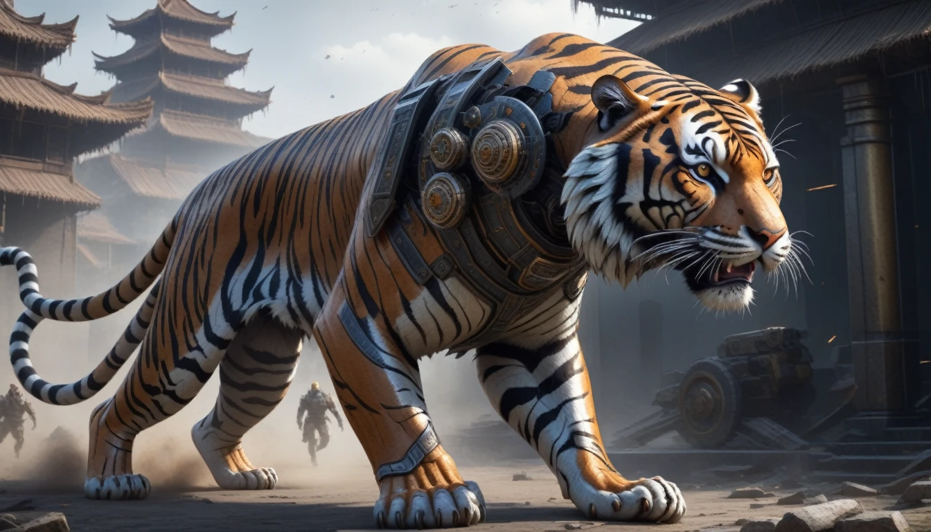 Ultra-realism, ((Masterpiece)), ((Best Quality)), (Very Detailed), ((Very Detailed)), 4K, (8K), very aesthetic, absurdres highres, Create highly textured mechanical tiger artwork. This tiger has a metallic sheen and realistic texture and is constructed with detailed mechanical elements. The colors are metallic gray and silver, with hints of rust, giving it an aged but advanced technological look. The background is simple and focuses on the intricacy and craftsmanship of the tiger design, Design a combat-ready cybernetic tiger equipped with powerful weapons, situated in an outdoor battlefield. The tiger should have missile launchers on its back, laser guns on its front legs, and a shield on its shoulders. It should be slashing at enemies with its sharp claws while advancing and delivering powerful attacks. The background should depict a war-torn battlefield with destroyed buildings, fighting posing, dynamic angle,