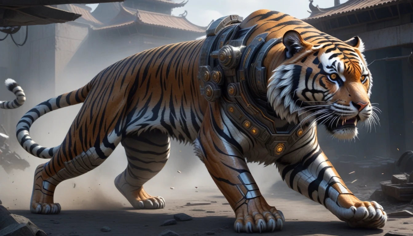 Ultra-realism, ((Masterpiece)), ((Best Quality)), (Very Detailed), ((Very Detailed)), 4K, (8K), very aesthetic, absurdres highres, Create highly textured mechanical tiger artwork. This tiger has a metallic sheen and realistic texture and is constructed with detailed mechanical elements. The colors are metallic gray and silver, with hints of rust, giving it an aged but advanced technological look. The background is simple and focuses on the intricacy and craftsmanship of the tiger design, Design a combat-ready cybernetic tiger equipped with powerful weapons, situated in an outdoor battlefield. The tiger should have missile launchers on its back, laser guns on its front legs, and a shield on its shoulders. It should be slashing at enemies with its sharp claws while advancing and delivering powerful attacks. The background should depict a war-torn battlefield with destroyed buildings, fighting posing, dynamic angle,