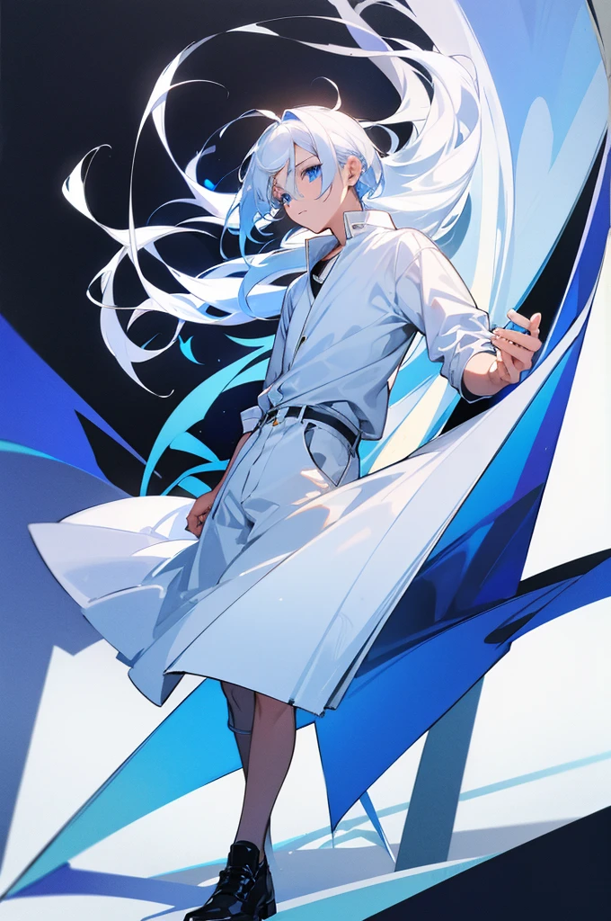 A boy with silver white hair and sapphire blue eyes(full body picture) in casual clothing
